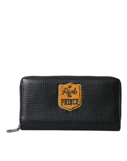 Dolce & Gabbana Black Leather Logo Patch Zip Around Continental Wallet