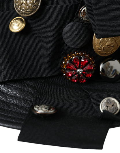 Dolce & Gabbana Black Leather DG Coin Crystal Wide Brim Hat