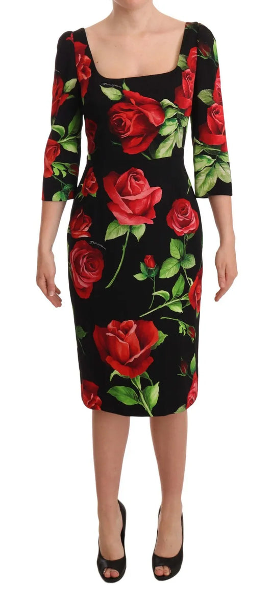 Vestido tubo de seda elástica con rosas rojas y negras de Dolce &amp; Gabbana