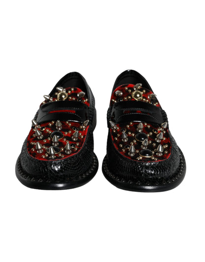 Mocasines de piel con tachuelas y estampado de leopardo en negro de Dolce &amp; Gabbana