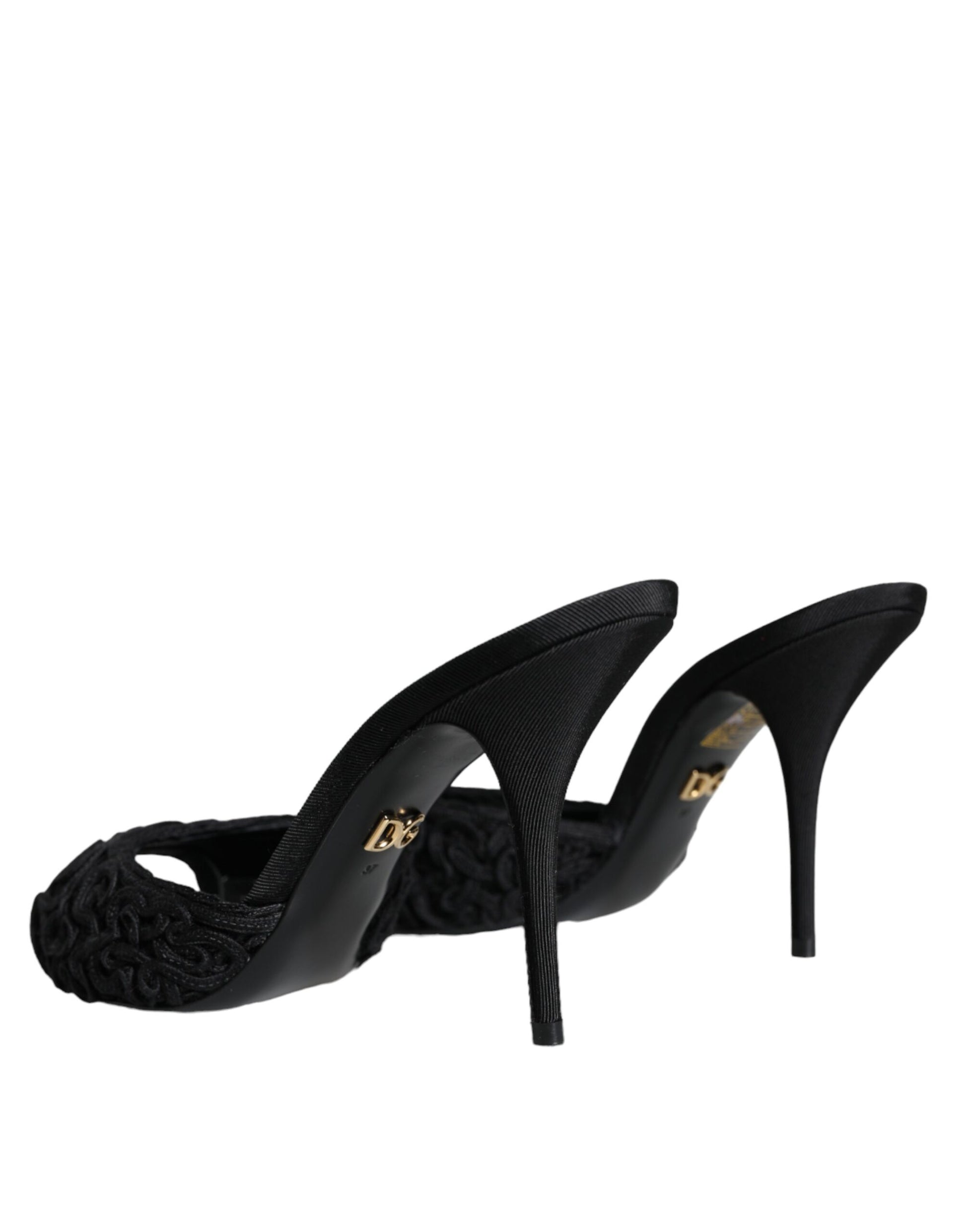 Dolce & Gabbana Black Keira Cordonetto Heels Slides Shoes