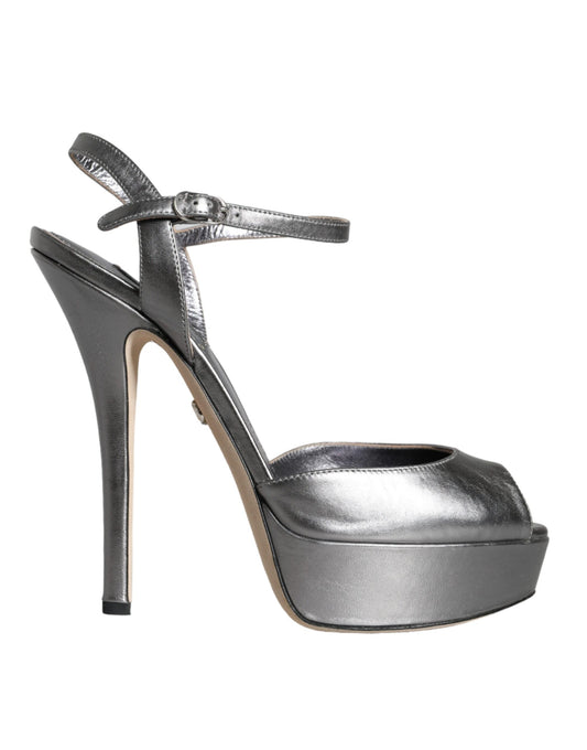 Dolce & Gabbana Metallic Silver Leather Keira Platform Sandals Shoes