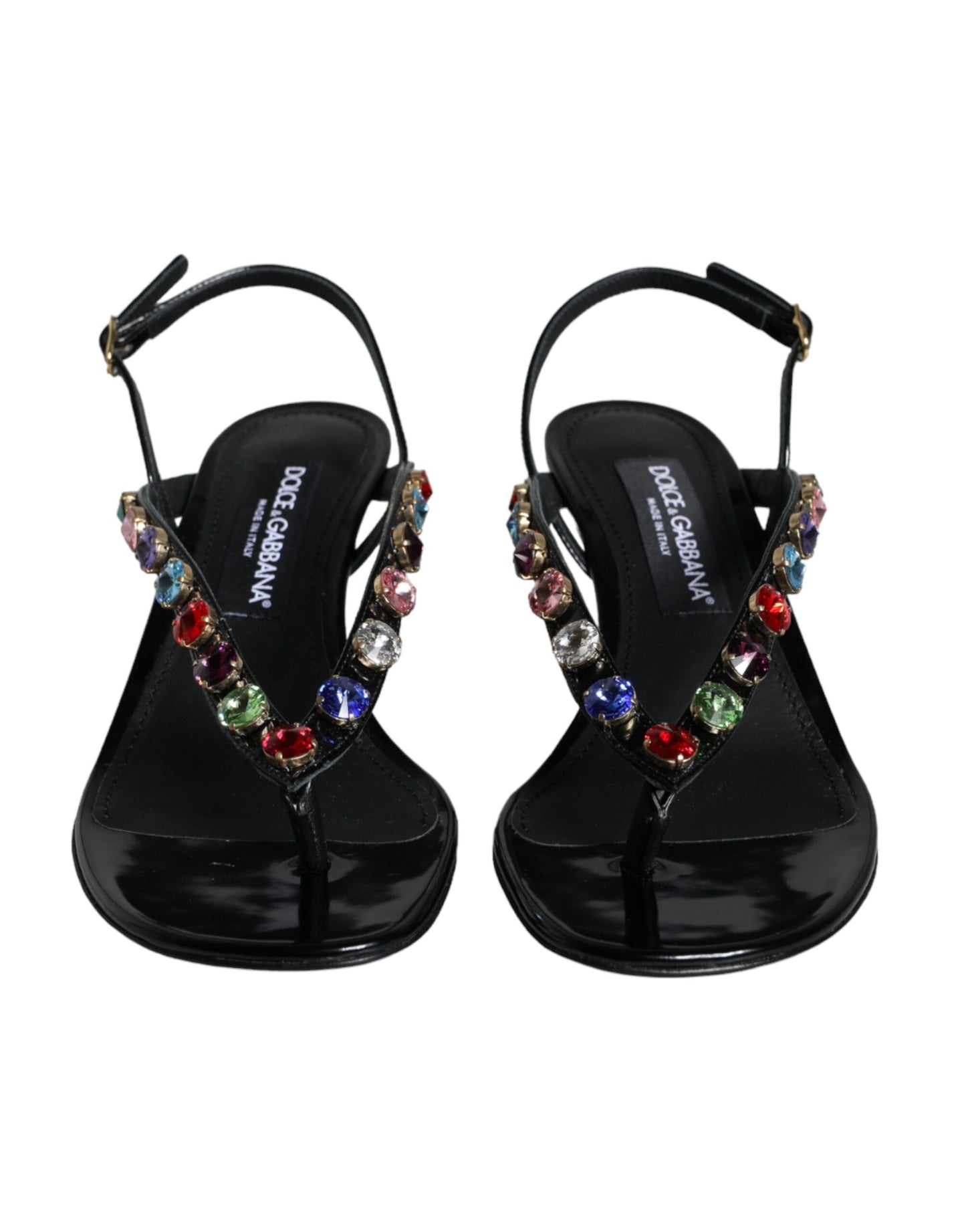 Sandalias con tiras cruzadas y cristales en cuero negro de Dolce &amp; Gabbana