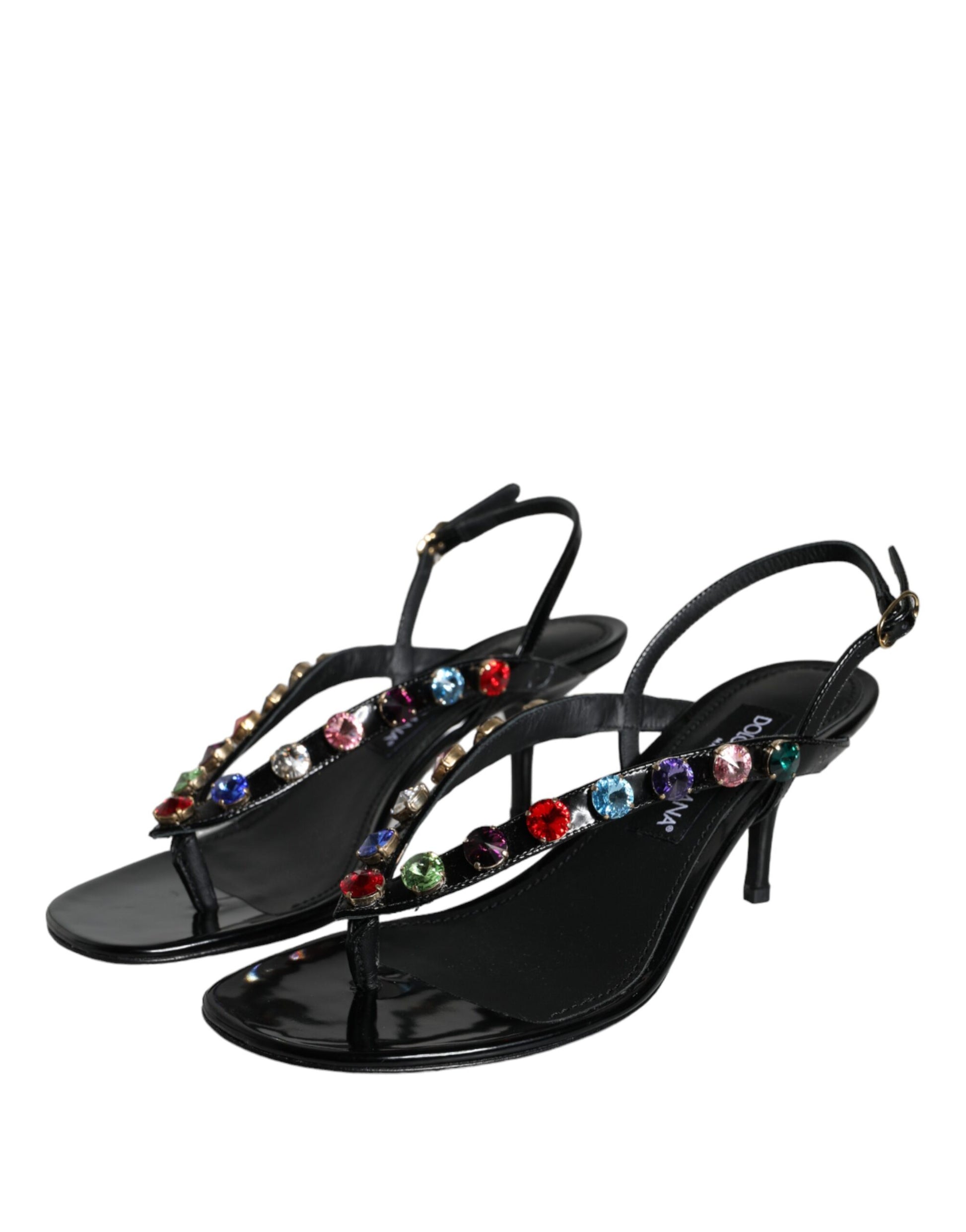 Sandalias con tiras cruzadas y cristales en cuero negro de Dolce &amp; Gabbana