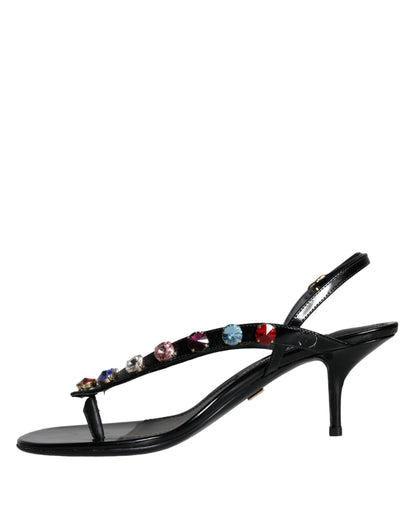 Sandalias con tiras cruzadas y cristales en cuero negro de Dolce &amp; Gabbana