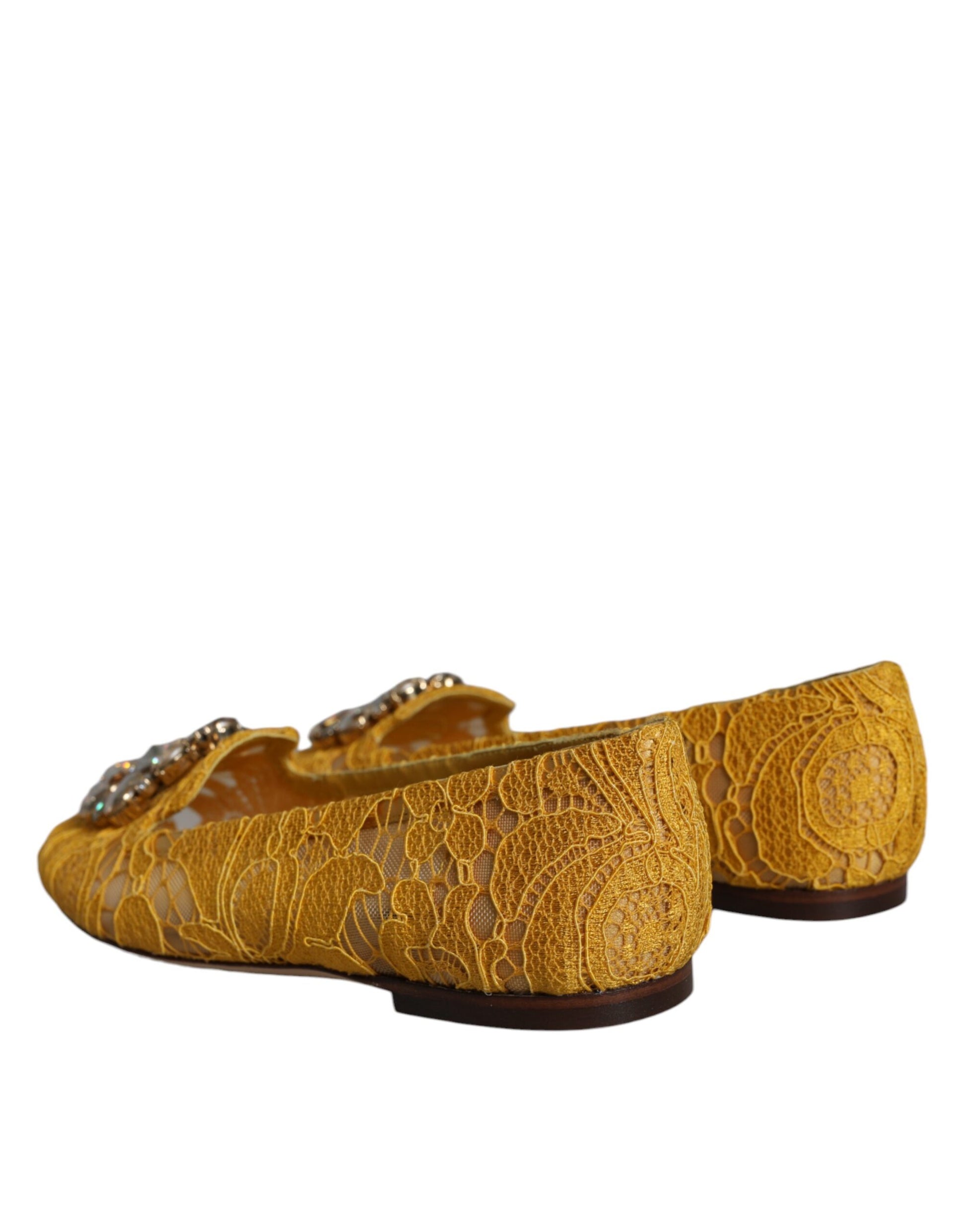 Dolce & Gabbana Mustard Lace Crystal Ballet Flats Loafer Shoes