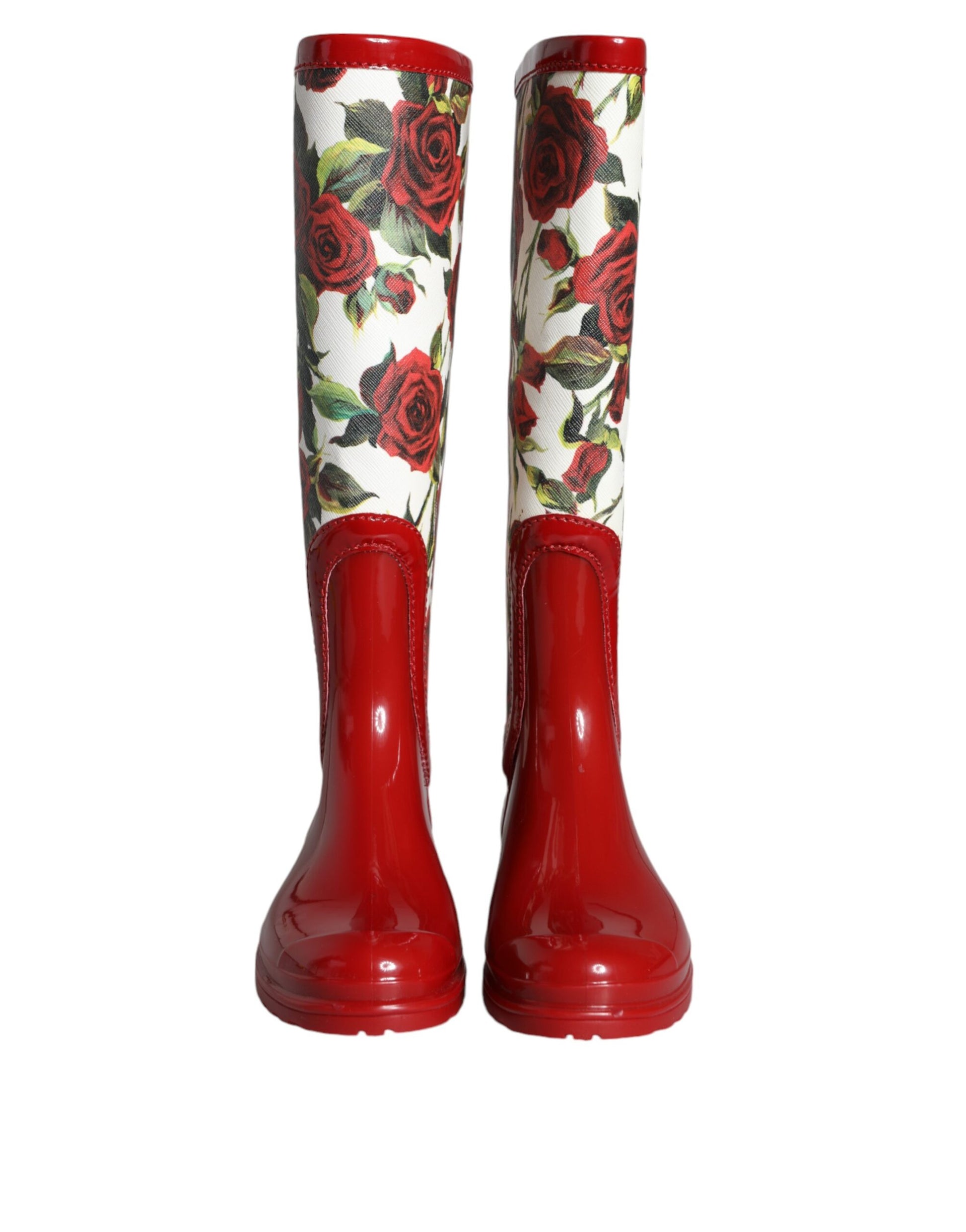 Botas planas hasta la rodilla de goma con estampado floral rojo de Dolce &amp; Gabbana