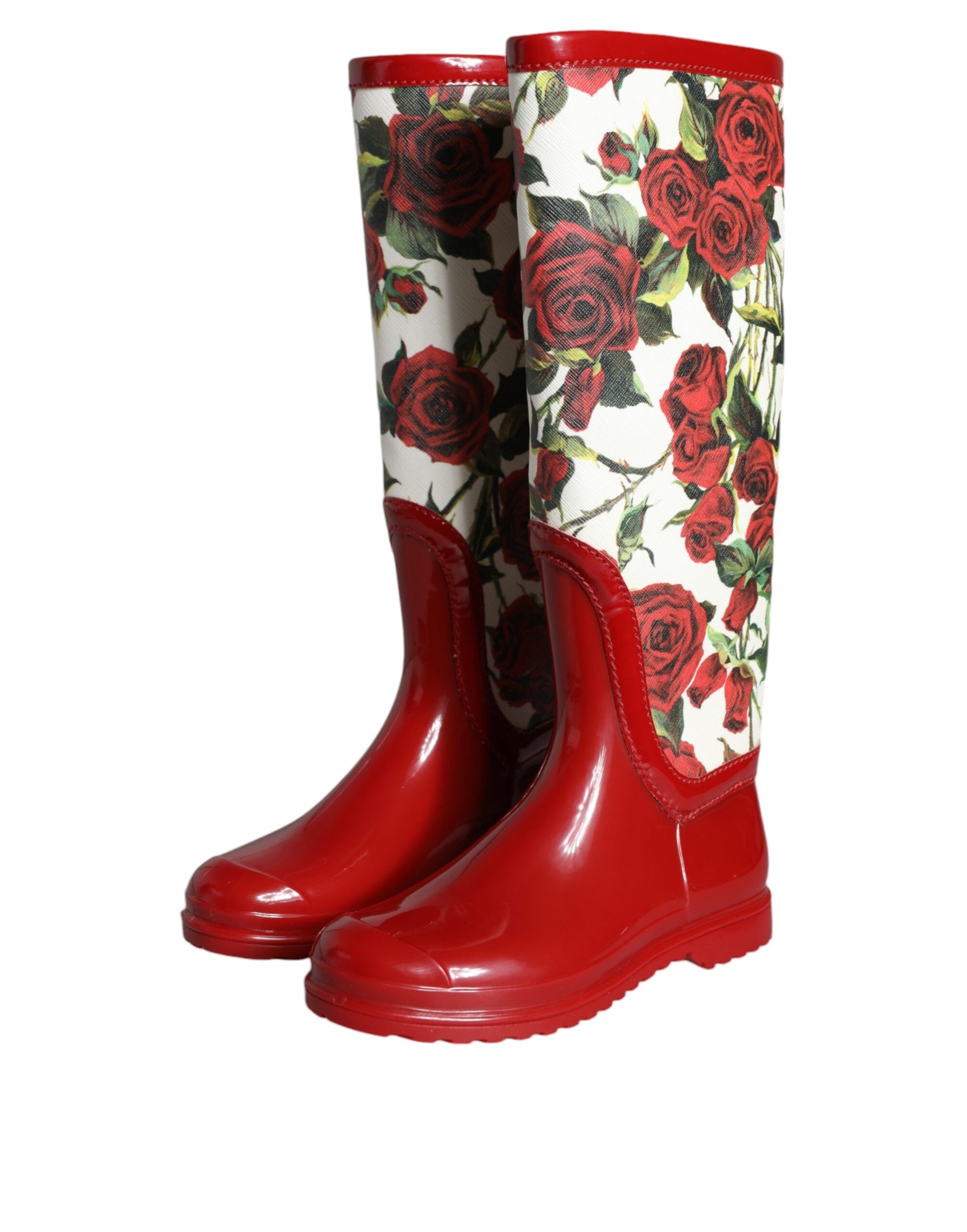 Botas planas hasta la rodilla de goma con estampado floral rojo de Dolce &amp; Gabbana