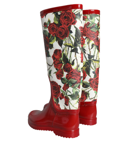 Botas planas hasta la rodilla de goma con estampado floral rojo de Dolce &amp; Gabbana