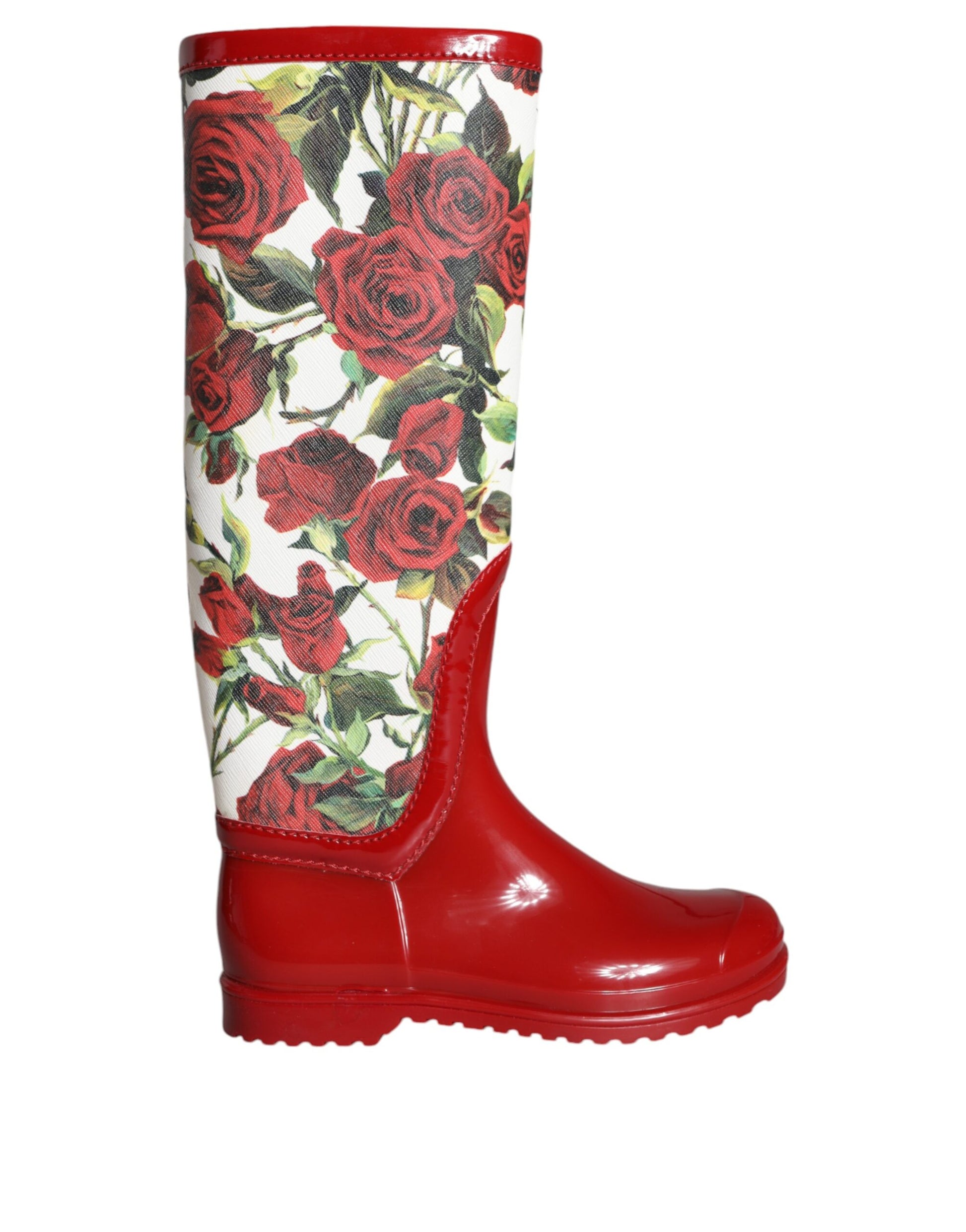 Botas planas hasta la rodilla de goma con estampado floral rojo de Dolce &amp; Gabbana