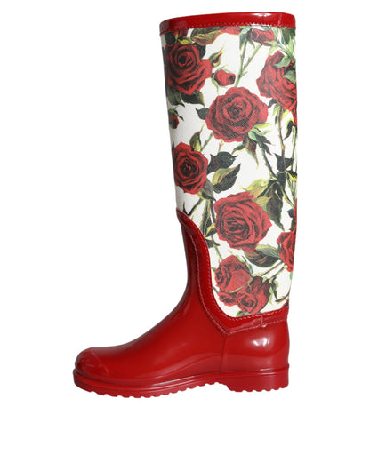 Botas planas hasta la rodilla de goma con estampado floral rojo de Dolce &amp; Gabbana