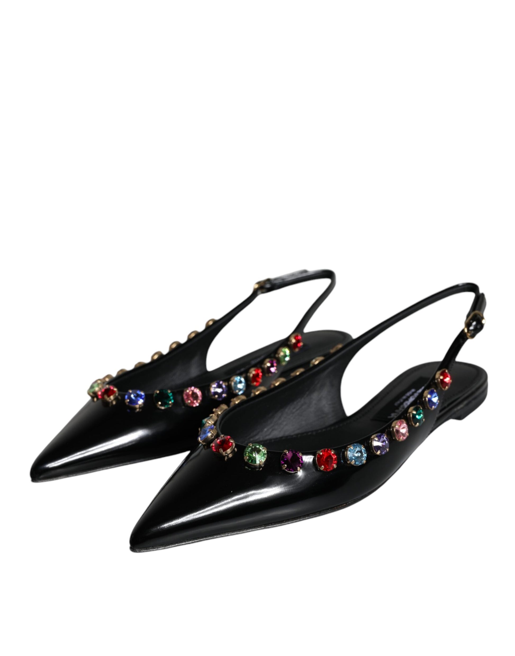 Dolce & Gabbana Black Leather Crystal Flats Slingback Shoes