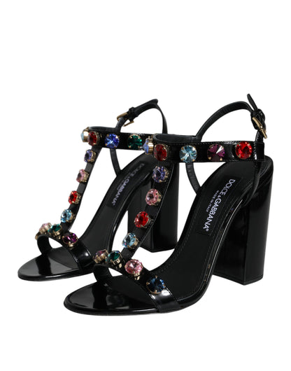 Sandalias con tiras en T de piel con cristales negros de Dolce &amp; Gabbana