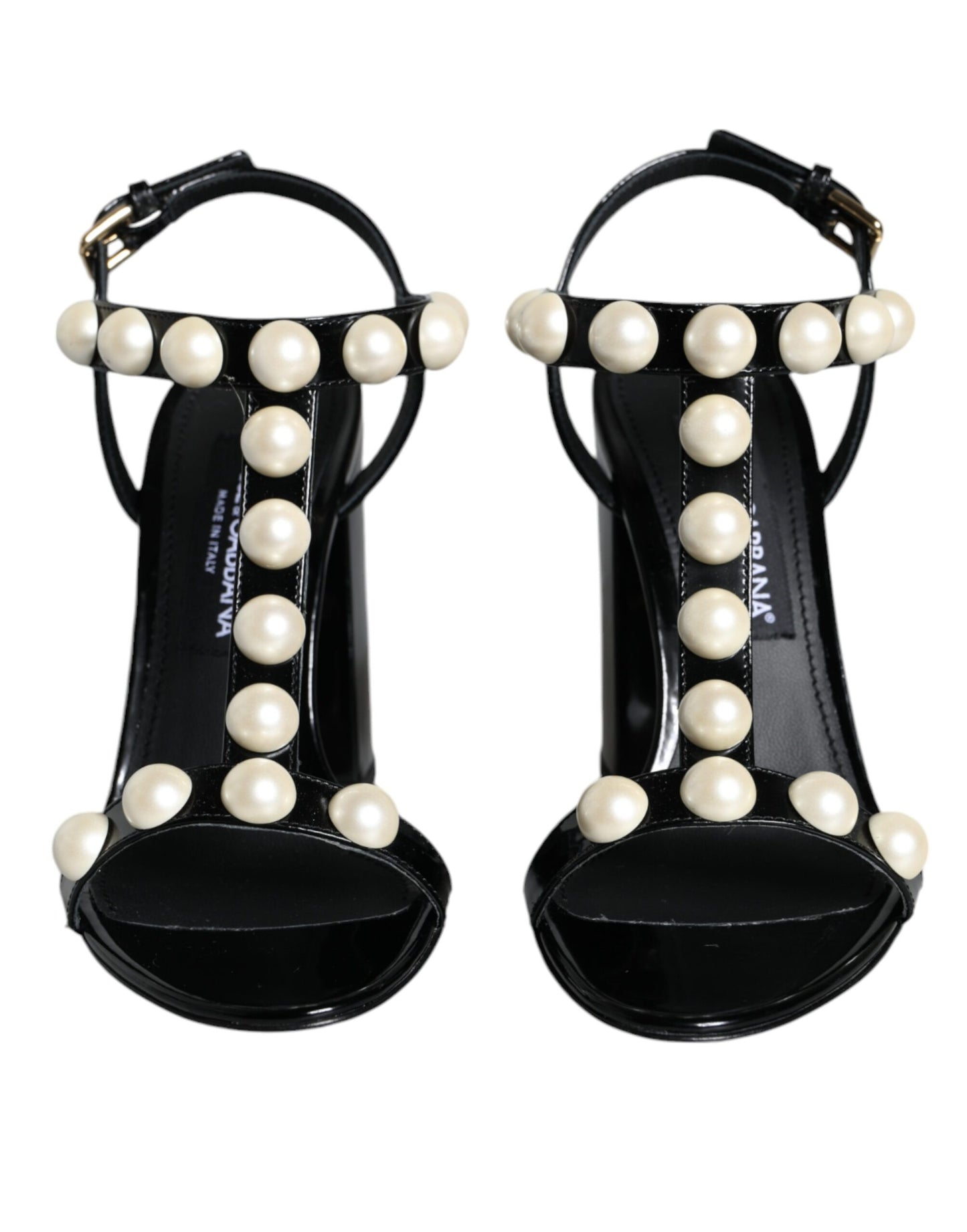 Sandalias con tiras en T y perlas de cuero negro de Dolce &amp; Gabbana