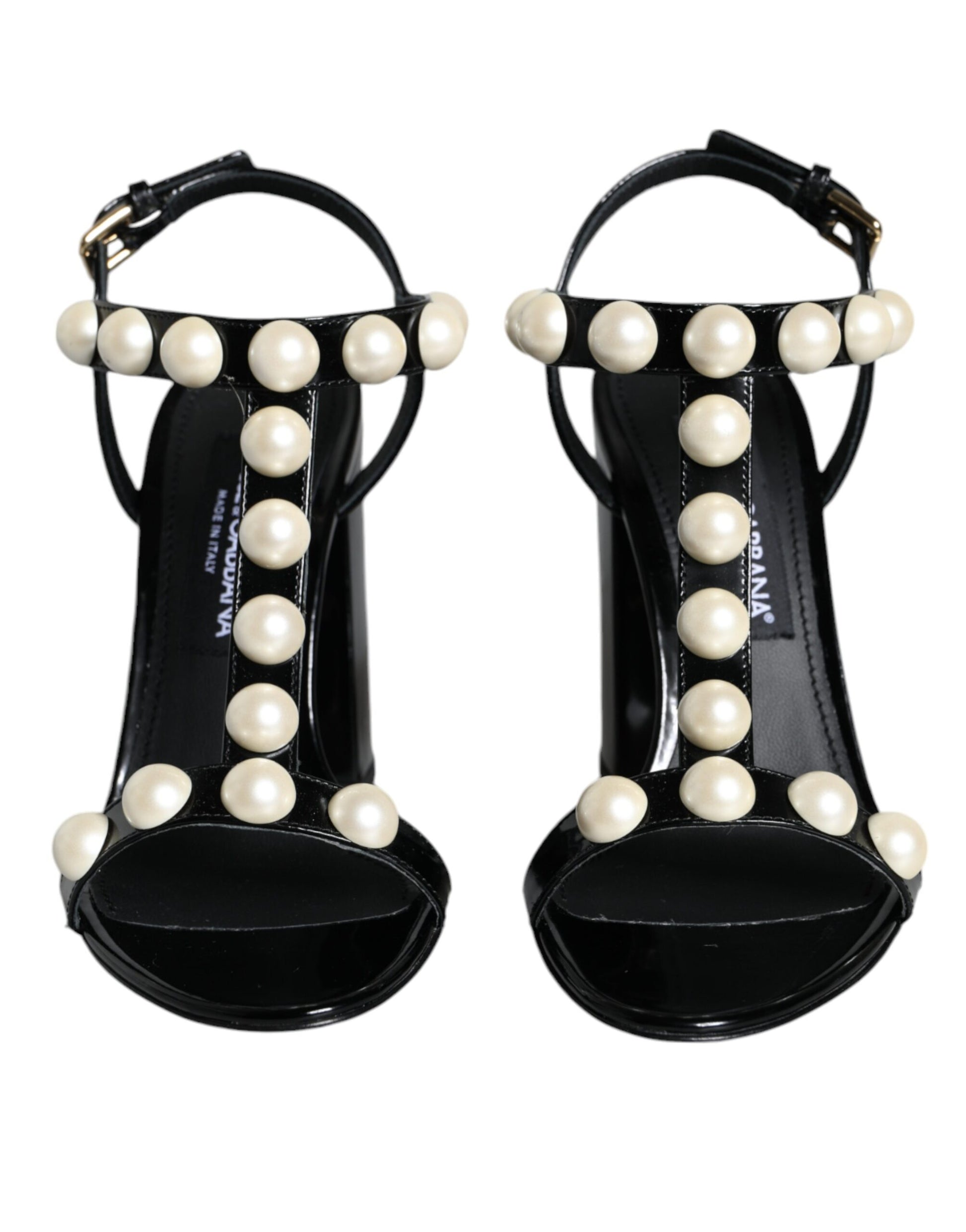 Sandalias con tiras en T y perlas de cuero negro de Dolce &amp; Gabbana