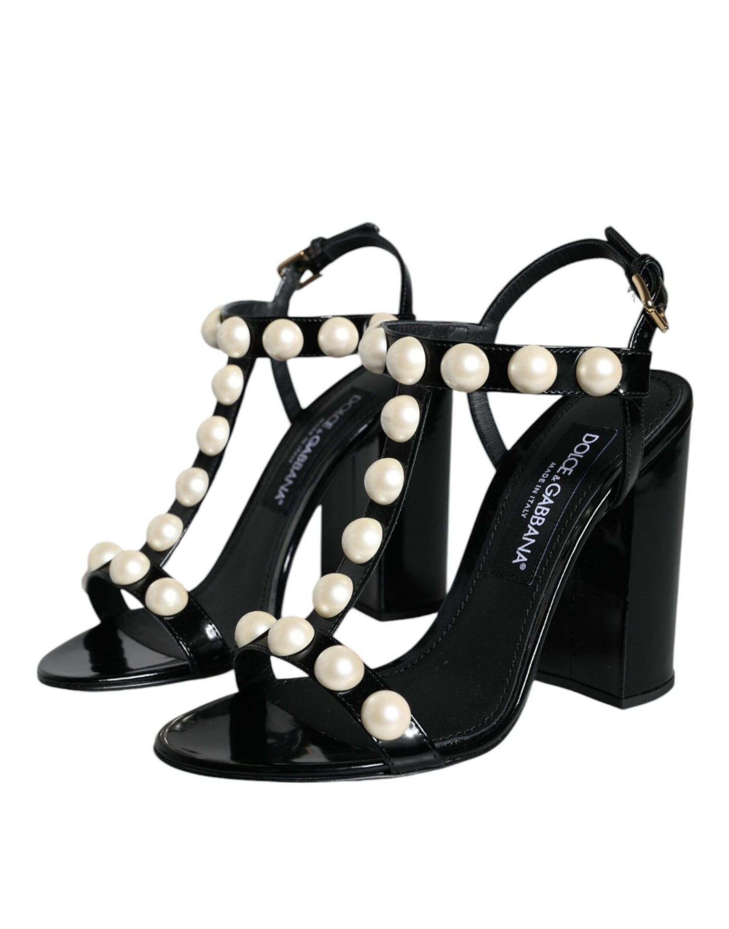 Sandalias con tiras en T y perlas de cuero negro de Dolce &amp; Gabbana