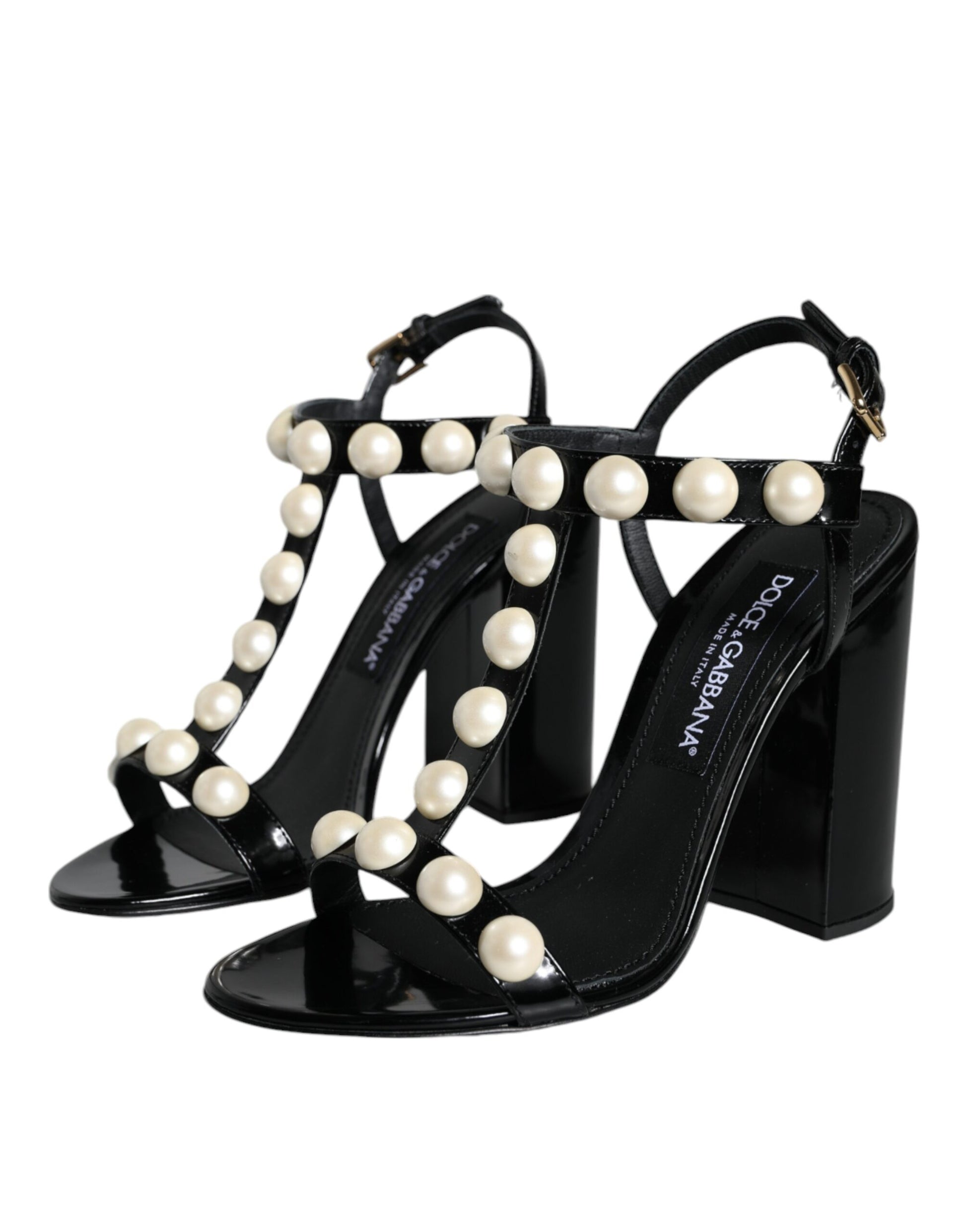 Sandalias con tiras en T y perlas de cuero negro de Dolce &amp; Gabbana
