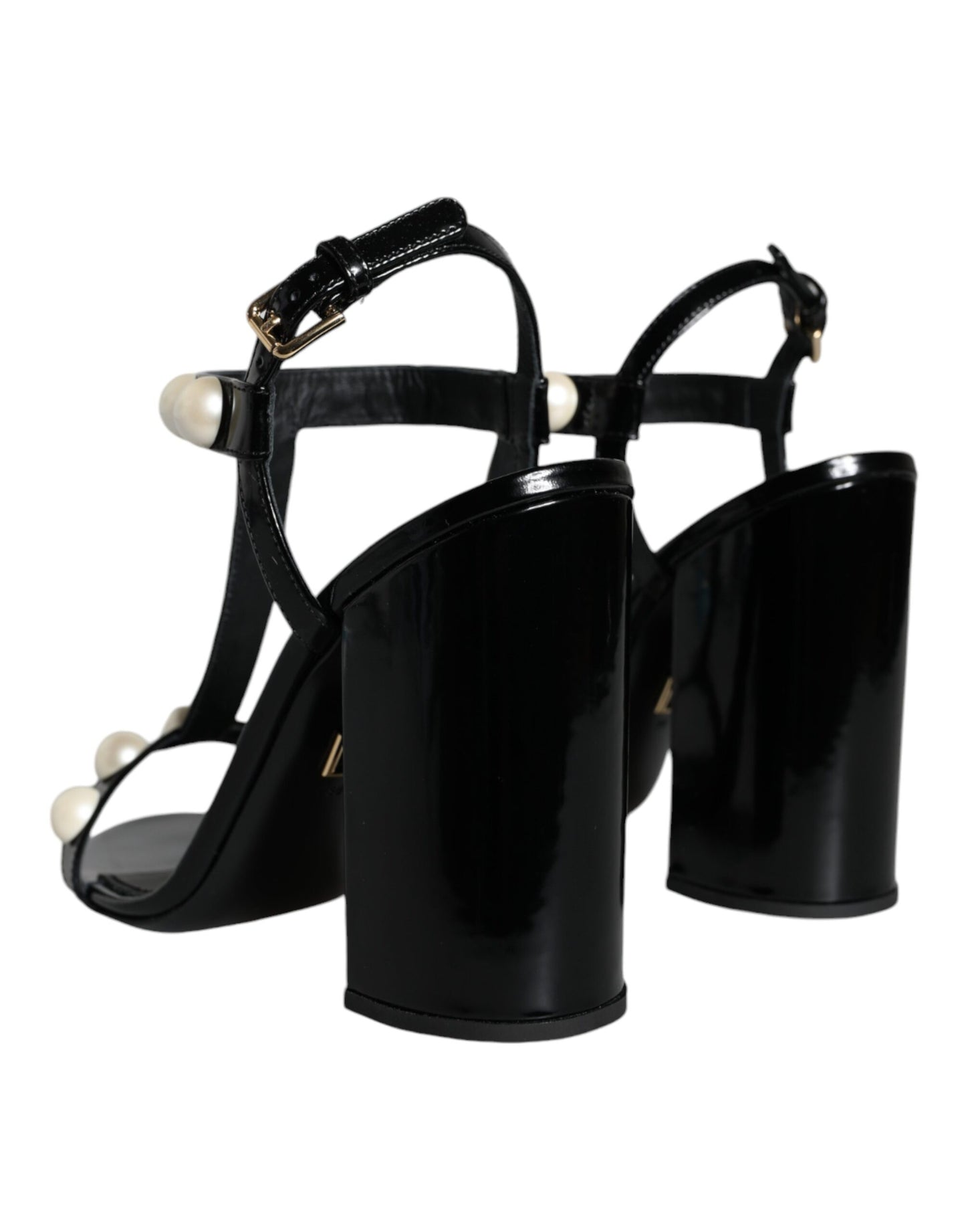 Sandalias con tiras en T y perlas de cuero negro de Dolce &amp; Gabbana
