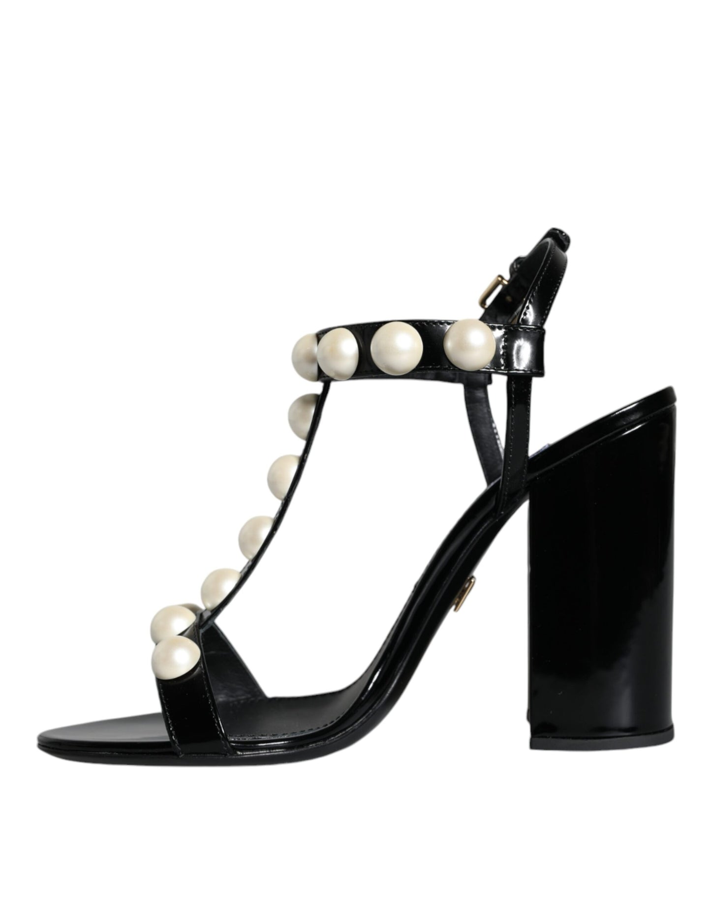 Sandalias con tiras en T y perlas de cuero negro de Dolce &amp; Gabbana
