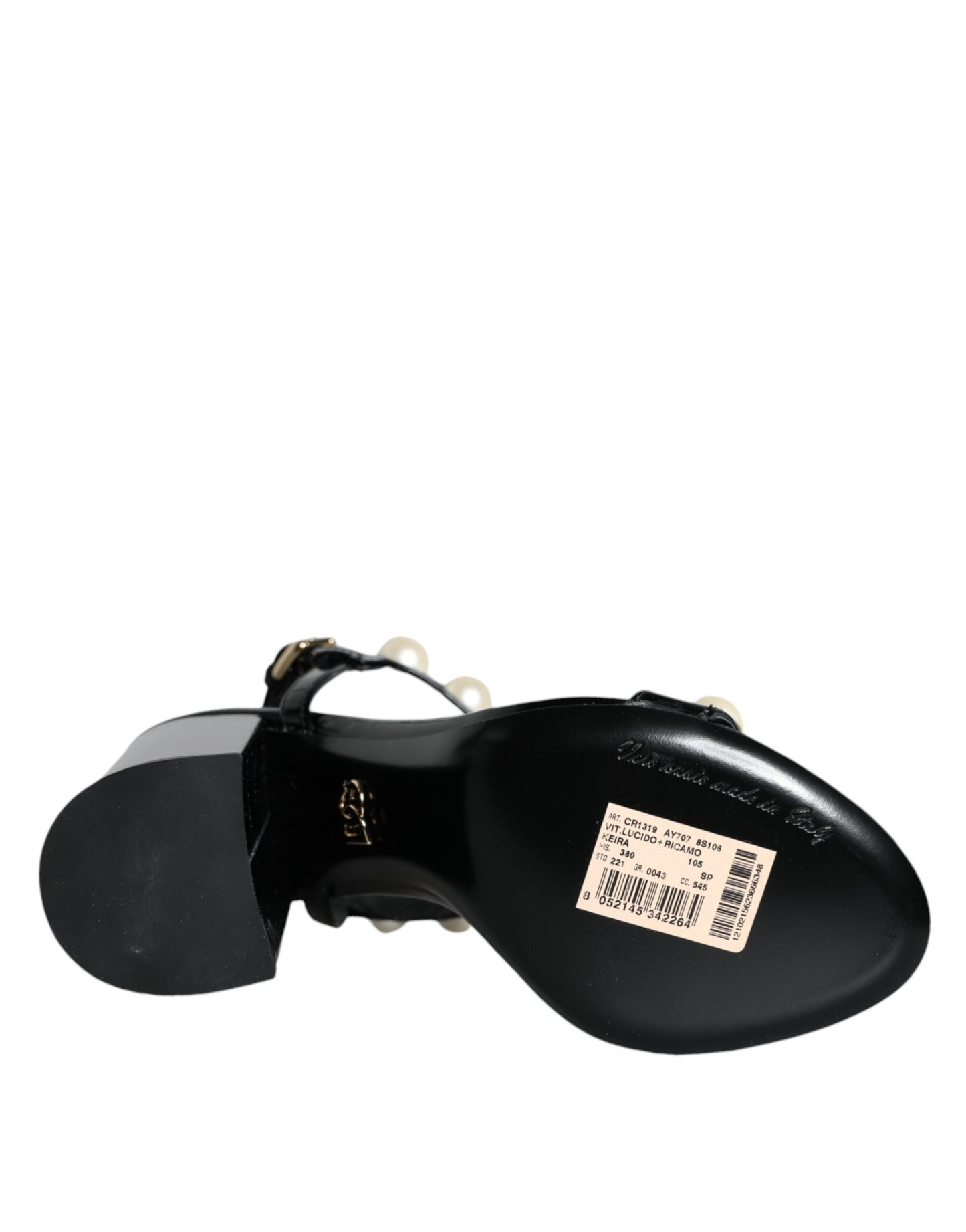 Sandalias con tiras en T y perlas de cuero negro de Dolce &amp; Gabbana