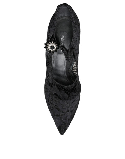 Zapatos de tacón negros con cristales y encaje de Dolce &amp; Gabbana Mary Jane