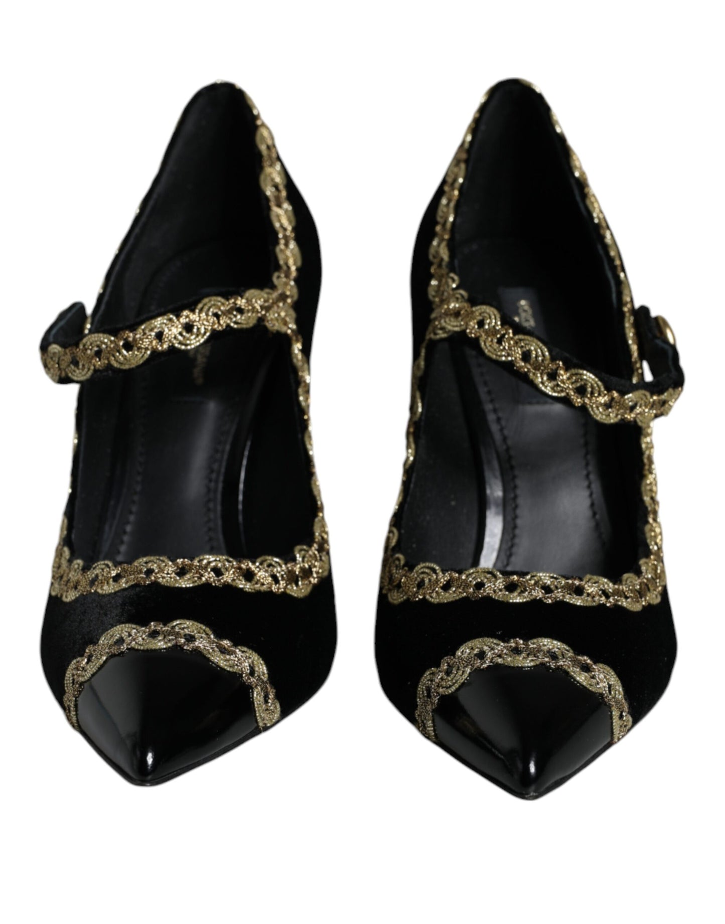 Zapatos de salón negros con tacón de terciopelo dorado y Mary Janes de Dolce &amp; Gabbana