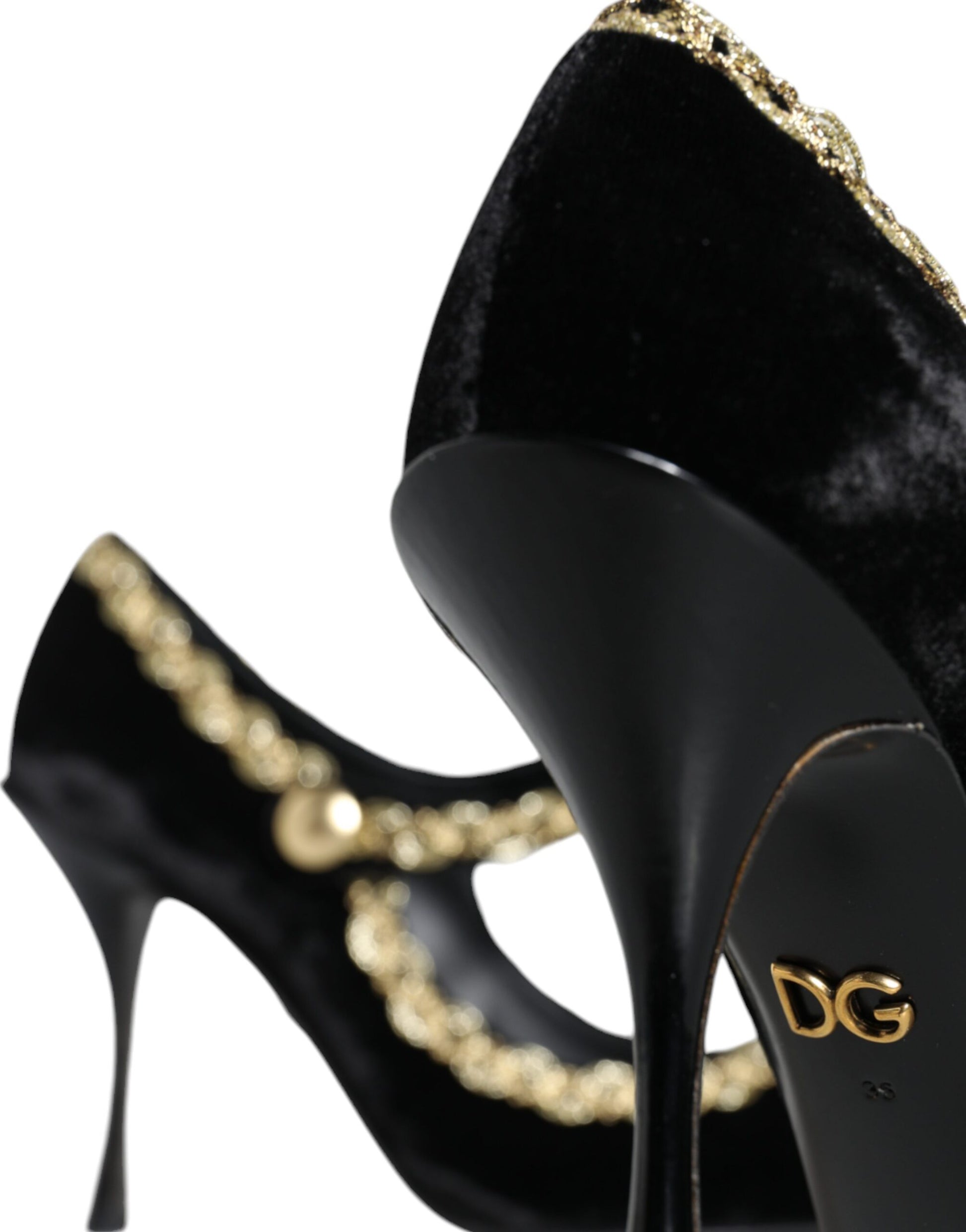 Zapatos de salón negros con tacón de terciopelo dorado y Mary Janes de Dolce &amp; Gabbana