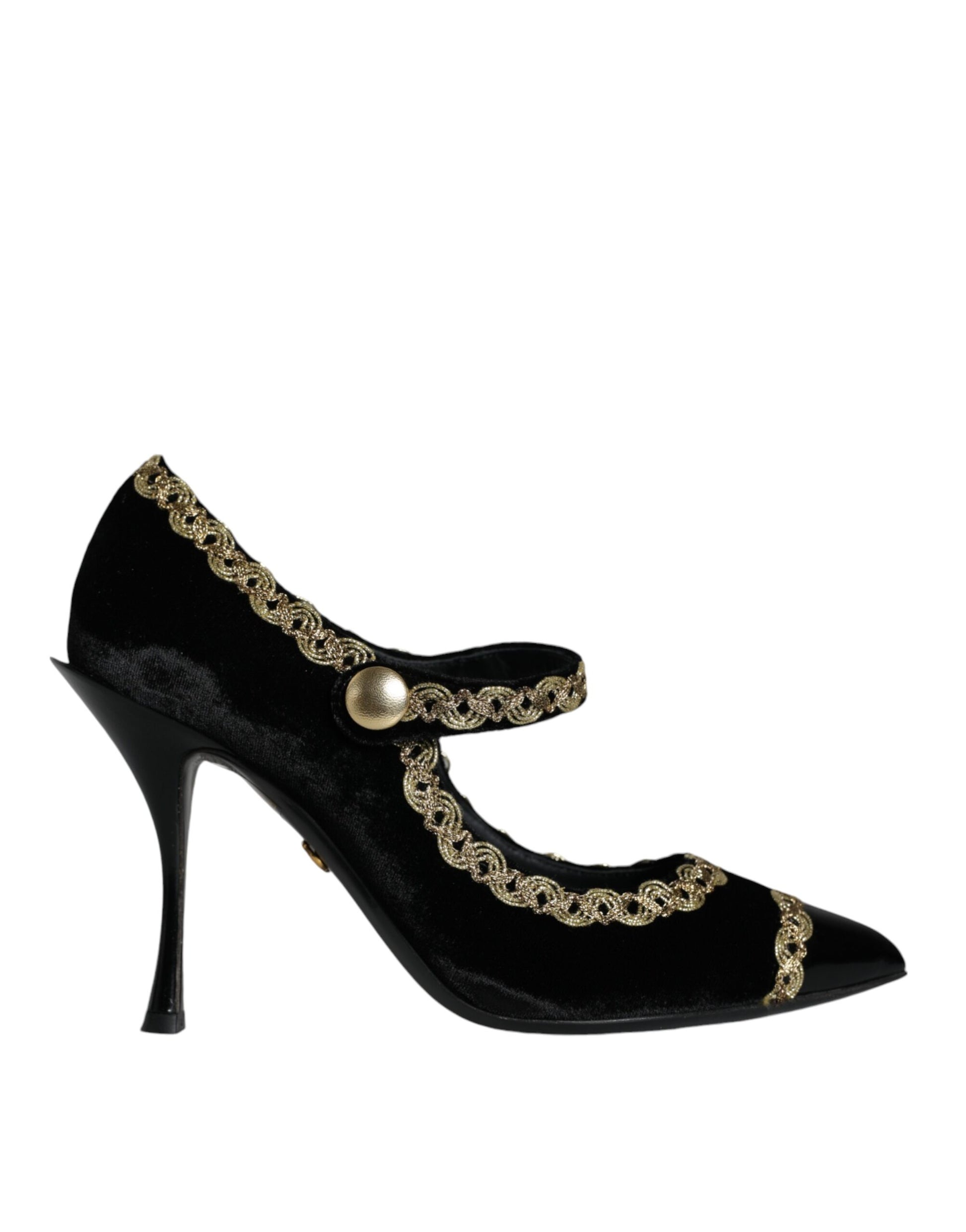 Zapatos de salón negros con tacón de terciopelo dorado y Mary Janes de Dolce &amp; Gabbana