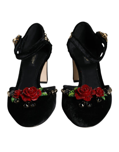 Zapatos de salón con tiras en el tobillo y rosas de terciopelo negro de Dolce &amp; Gabbana