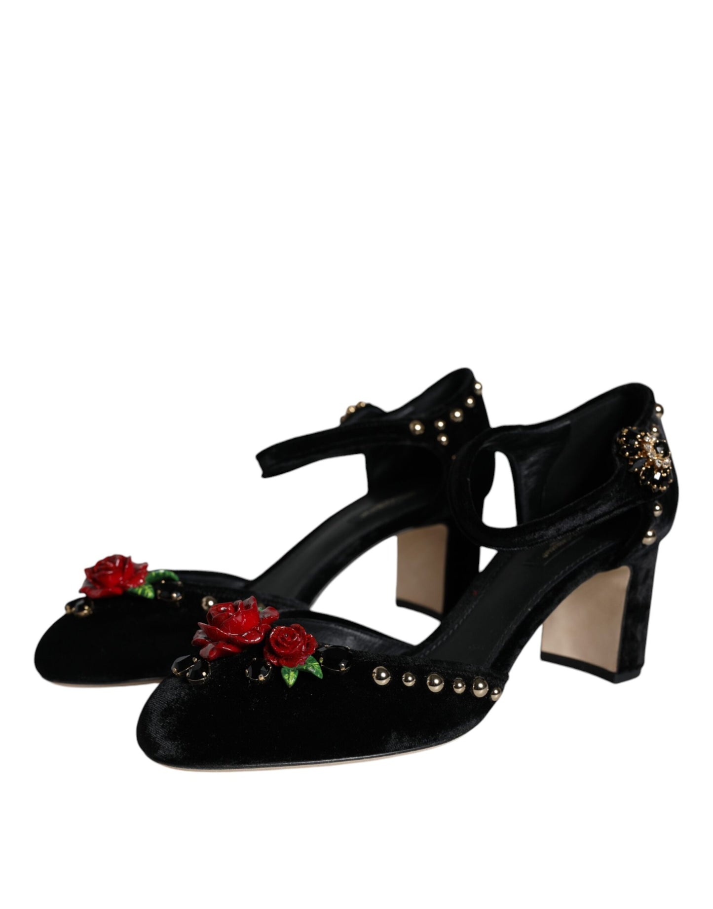 Zapatos de salón con tiras en el tobillo y rosas de terciopelo negro de Dolce &amp; Gabbana