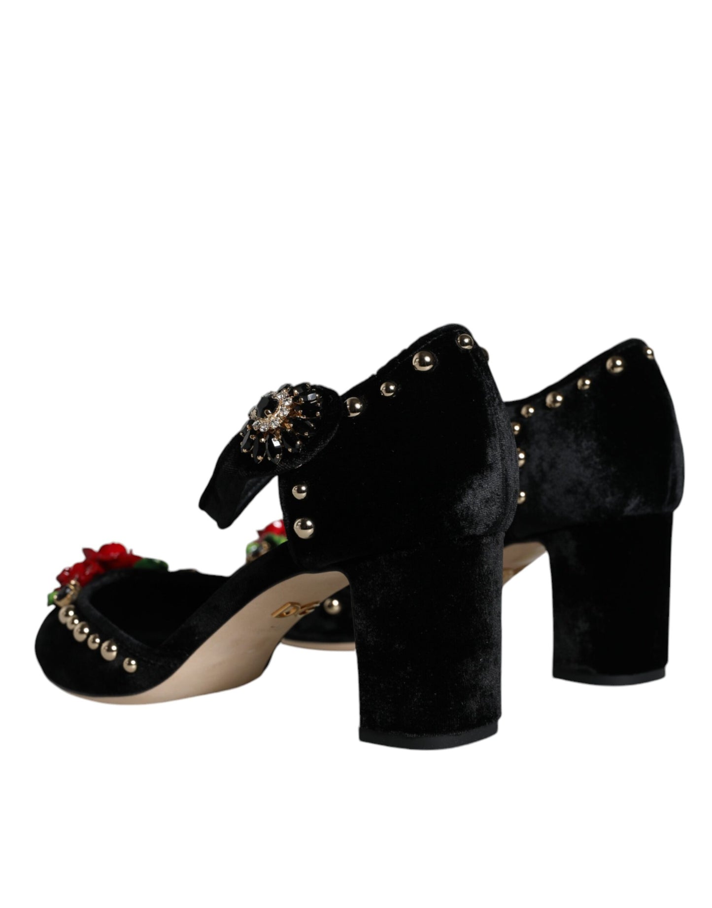 Zapatos de salón con tiras en el tobillo y rosas de terciopelo negro de Dolce &amp; Gabbana