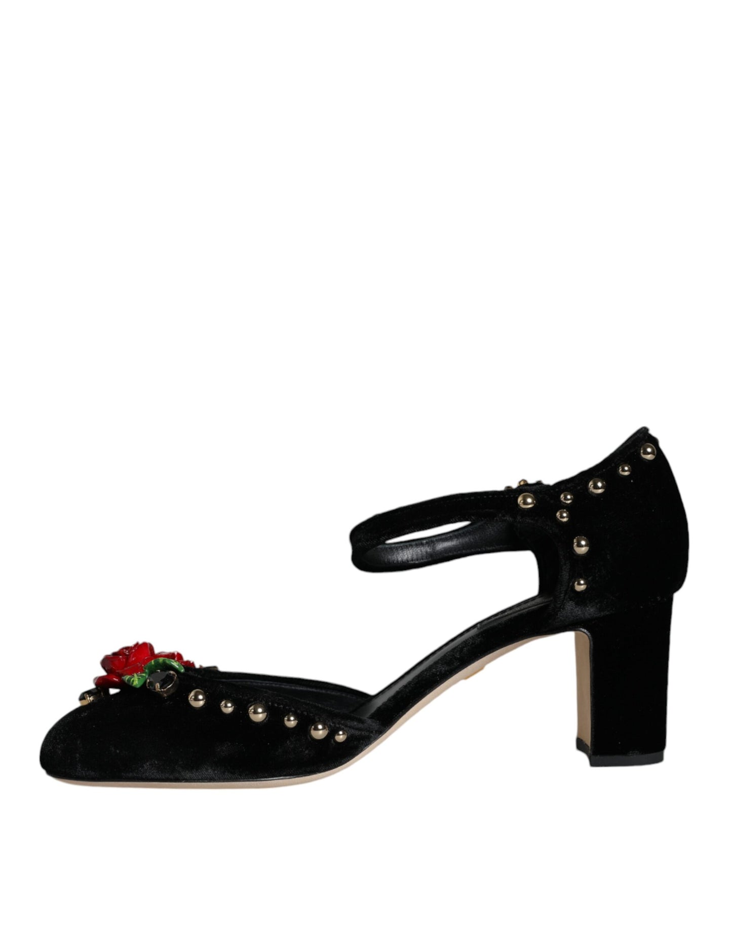 Zapatos de salón con tiras en el tobillo y rosas de terciopelo negro de Dolce &amp; Gabbana