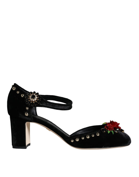 Zapatos de salón con tiras en el tobillo y rosas de terciopelo negro de Dolce &amp; Gabbana