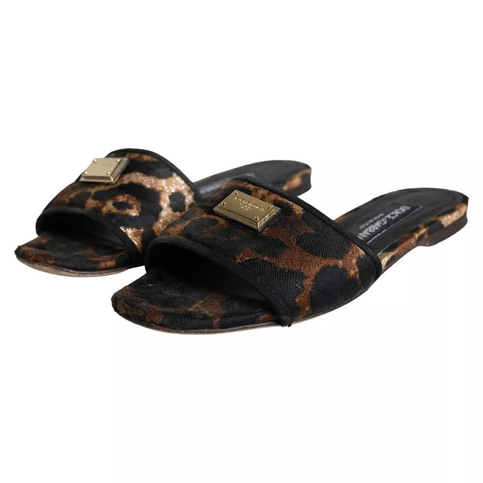 Sandalias planas con logo de leopardo en marrón de Dolce &amp; Gabbana