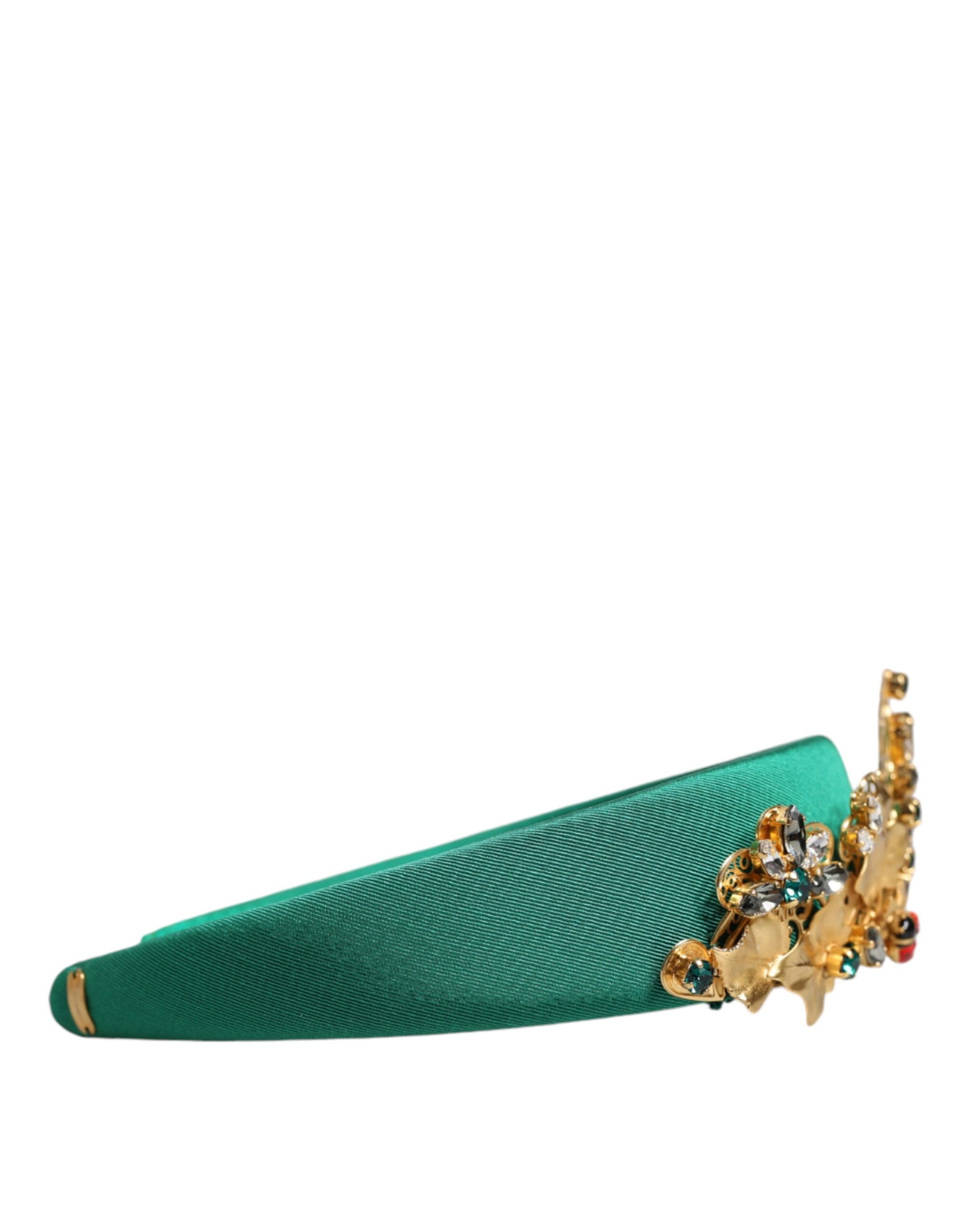 Dolce & Gabbana Green Silk Crystal Embellished Tiara Headband Crown Diadem