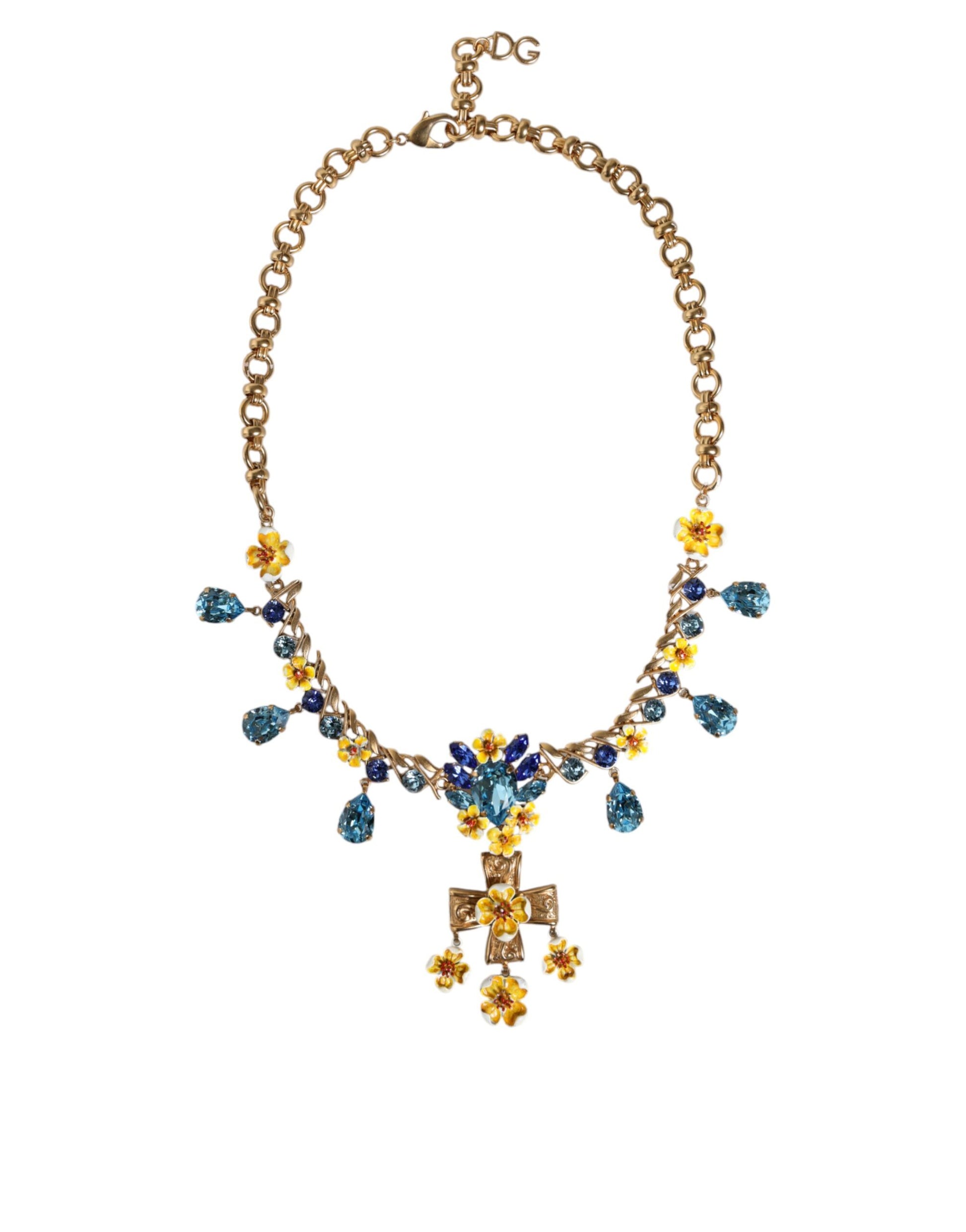 Collar con colgante de cruz de cristal con flores y cadena de latón dorado de Dolce &amp; Gabbana