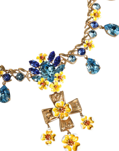 Collar con colgante de cruz de cristal con flores y cadena de latón dorado de Dolce &amp; Gabbana