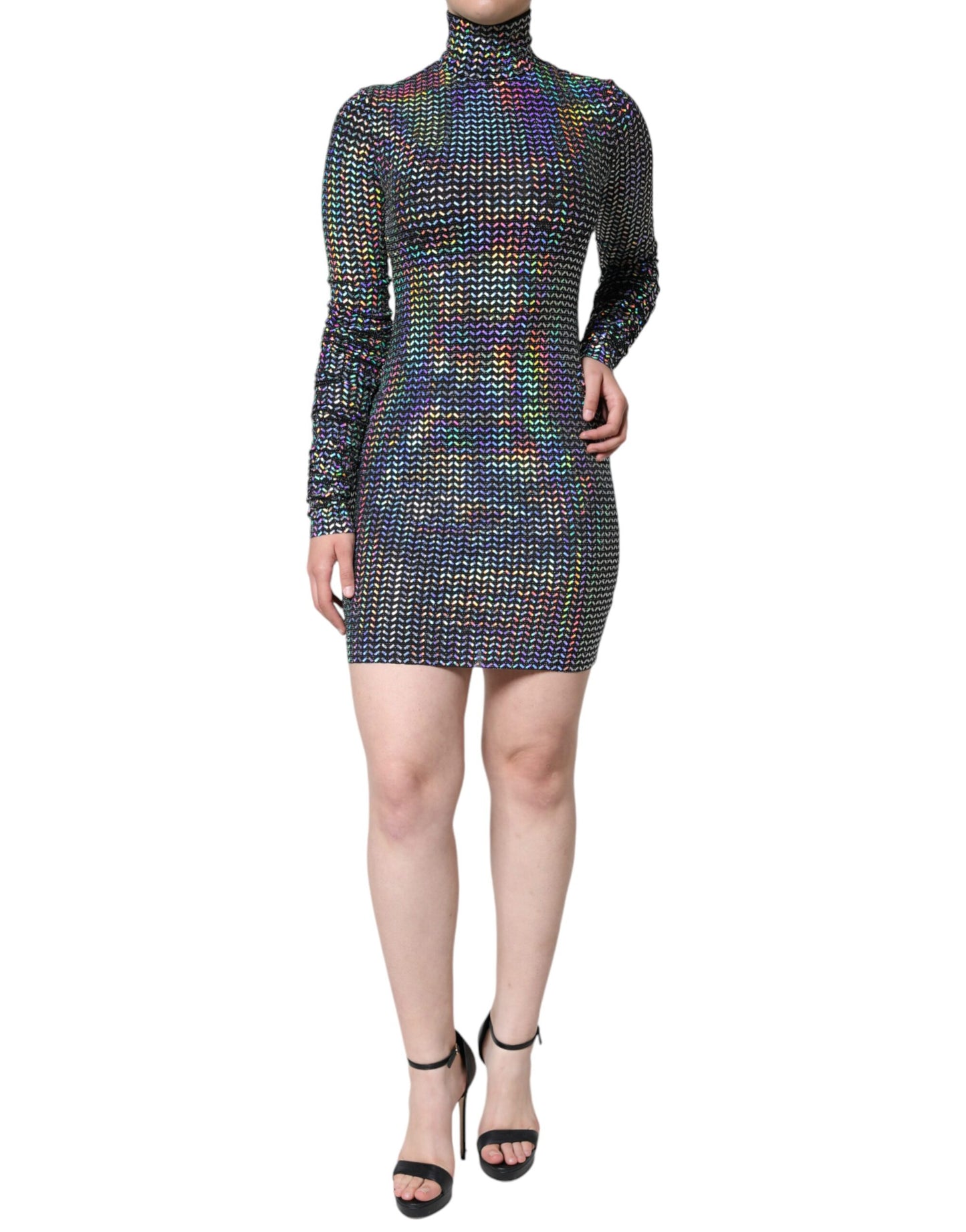 Dolce & Gabbana Silver Embellished Long Sleeves Turtleneck Dress