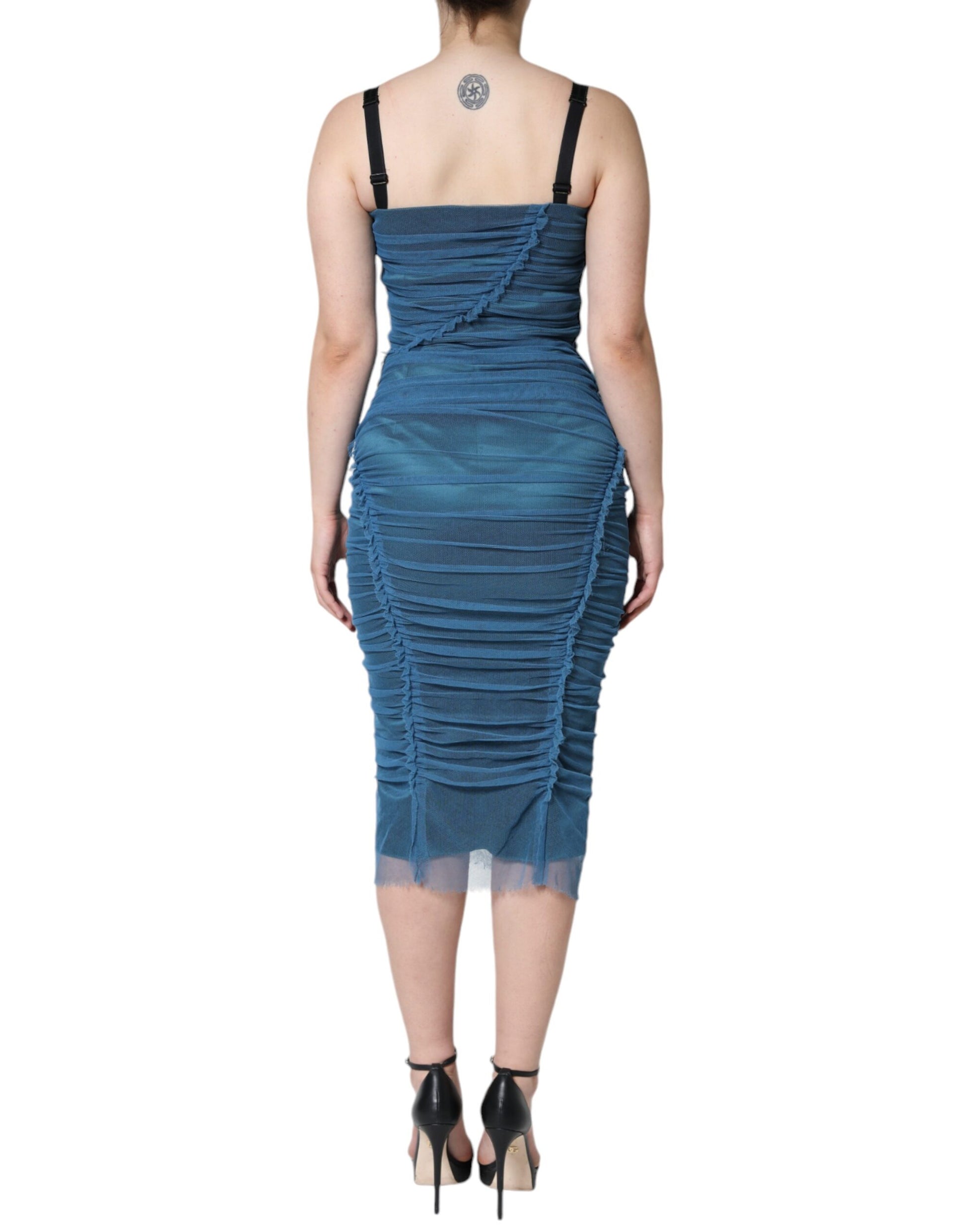 Dolce & Gabbana Blue Mesh Trim Ruched Tulle Sheath Dress