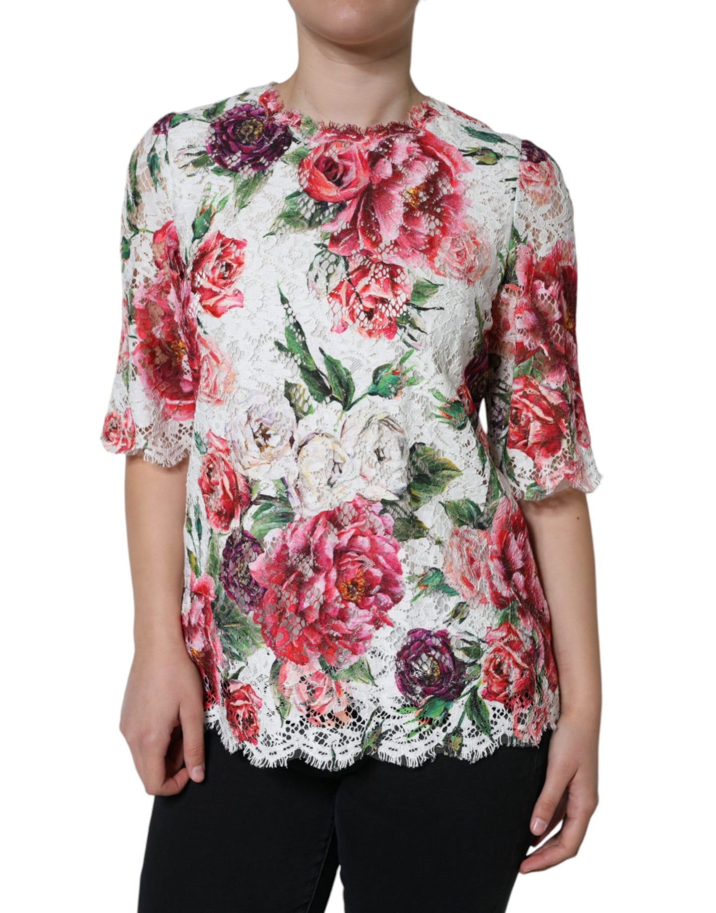 Dolce & Gabbana White Peony Lace Short Sleeves Blouse Top