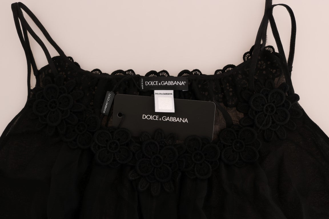 Vestido camisero elegante de encaje de seda negro de Dolce &amp; Gabbana