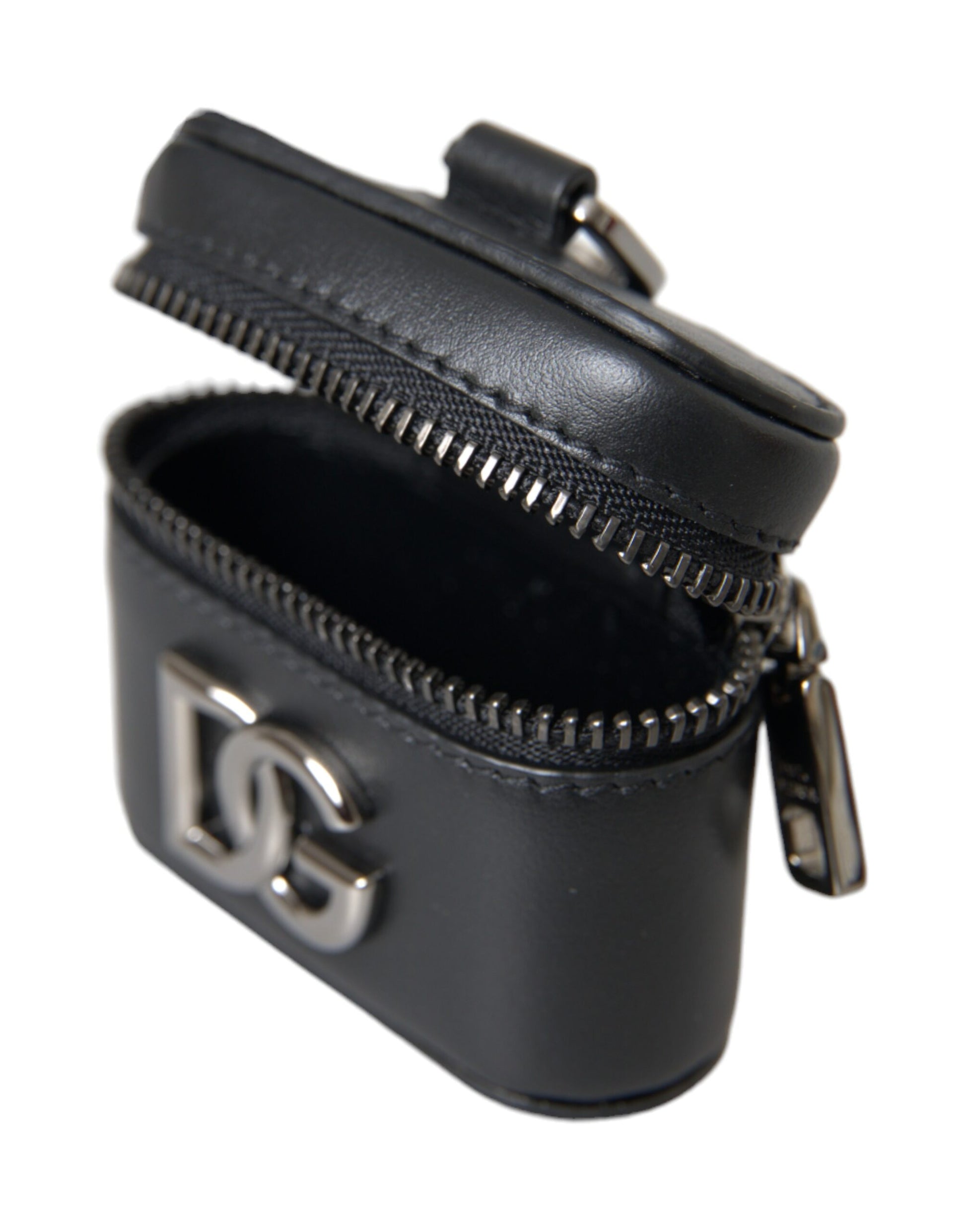 Estuche para Airpods de cuero y metal plateado con logotipo DG negro