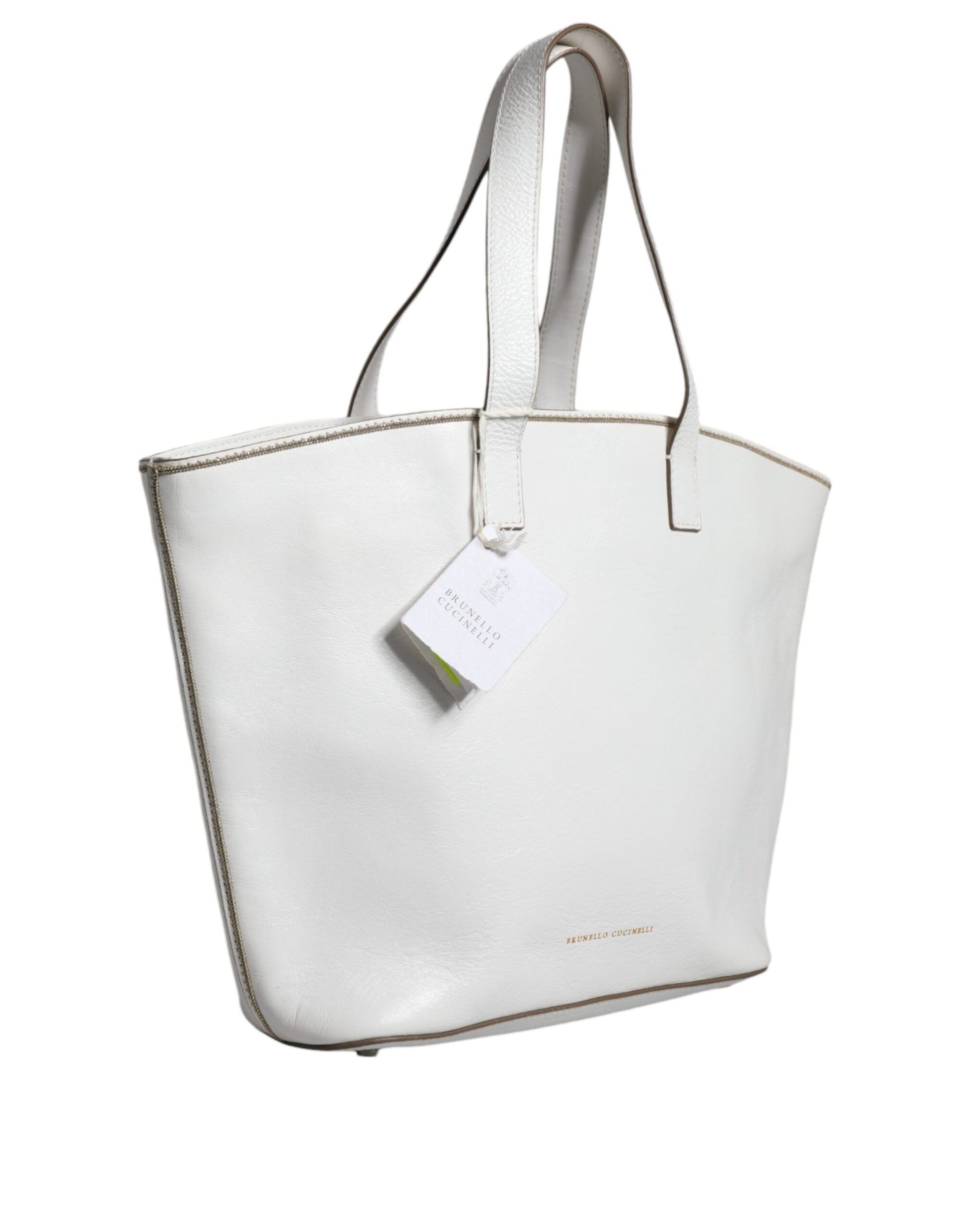 Brunello Cucinelli White Leather Logo Shoulder Strap Shopping Tote Bag