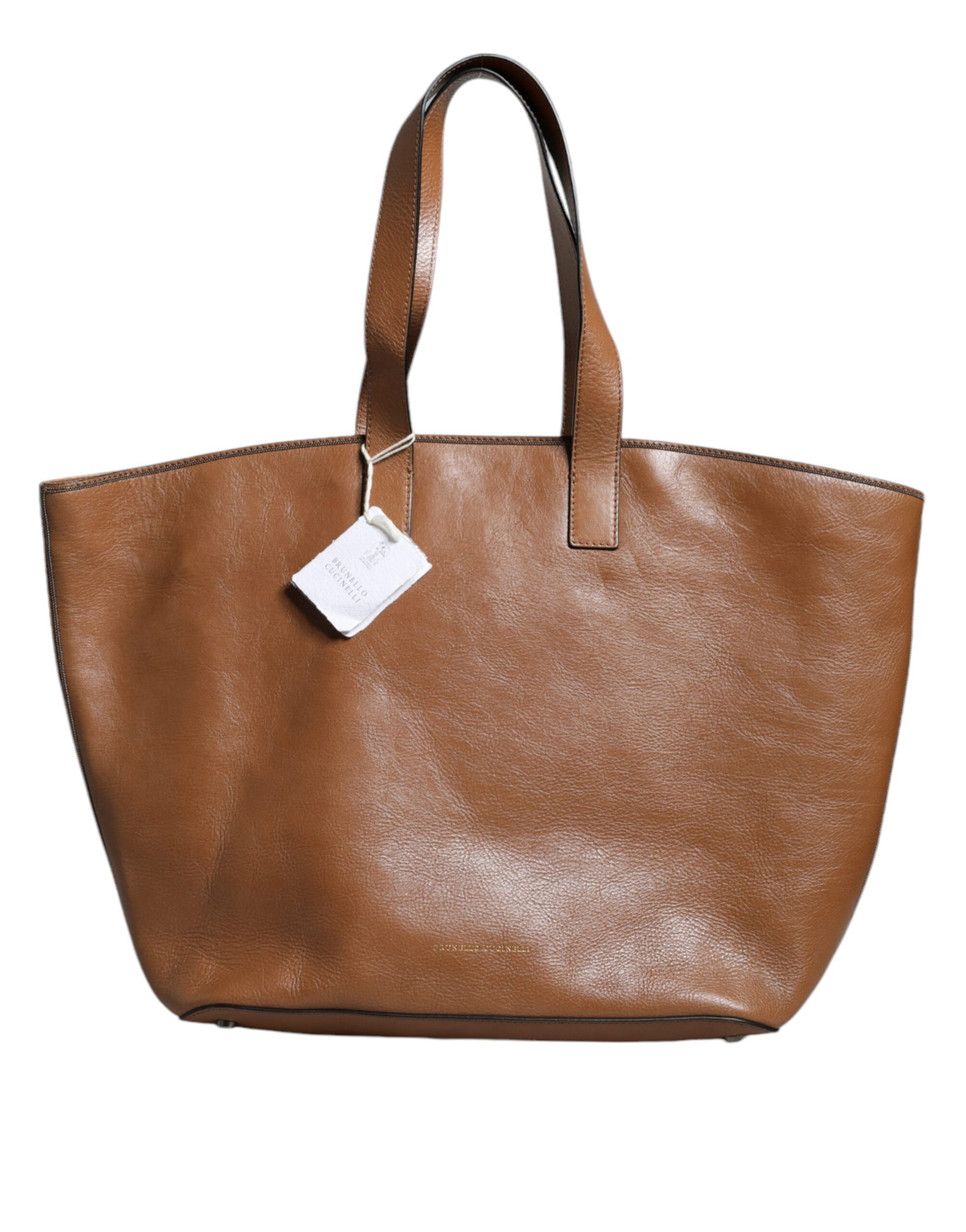 Brunello Cucinelli Brown Leather Logo Shoulder Strap Shopping Tote Bag