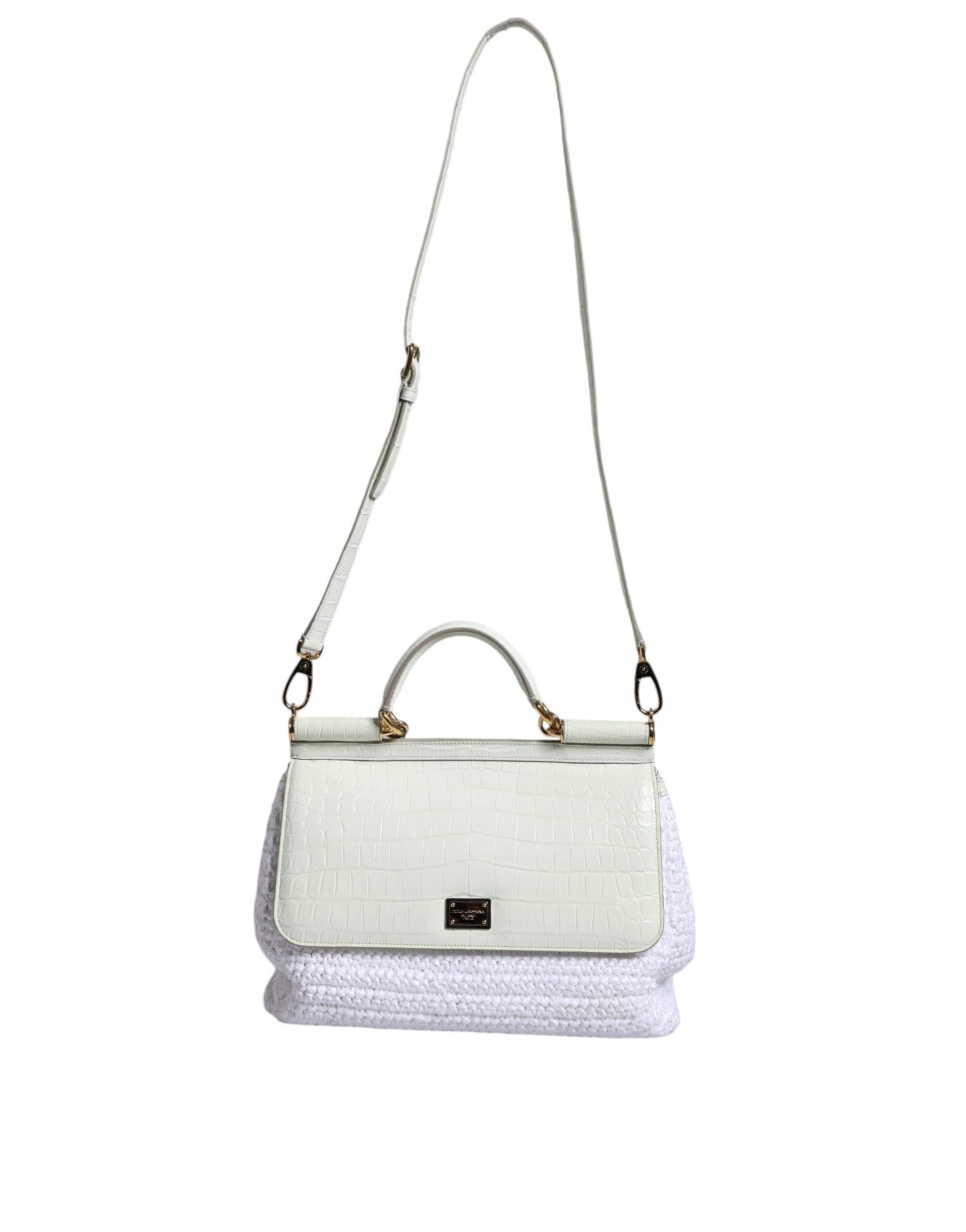 Dolce & Gabbana White Rafia Leather Top Handle Crossbody Bag