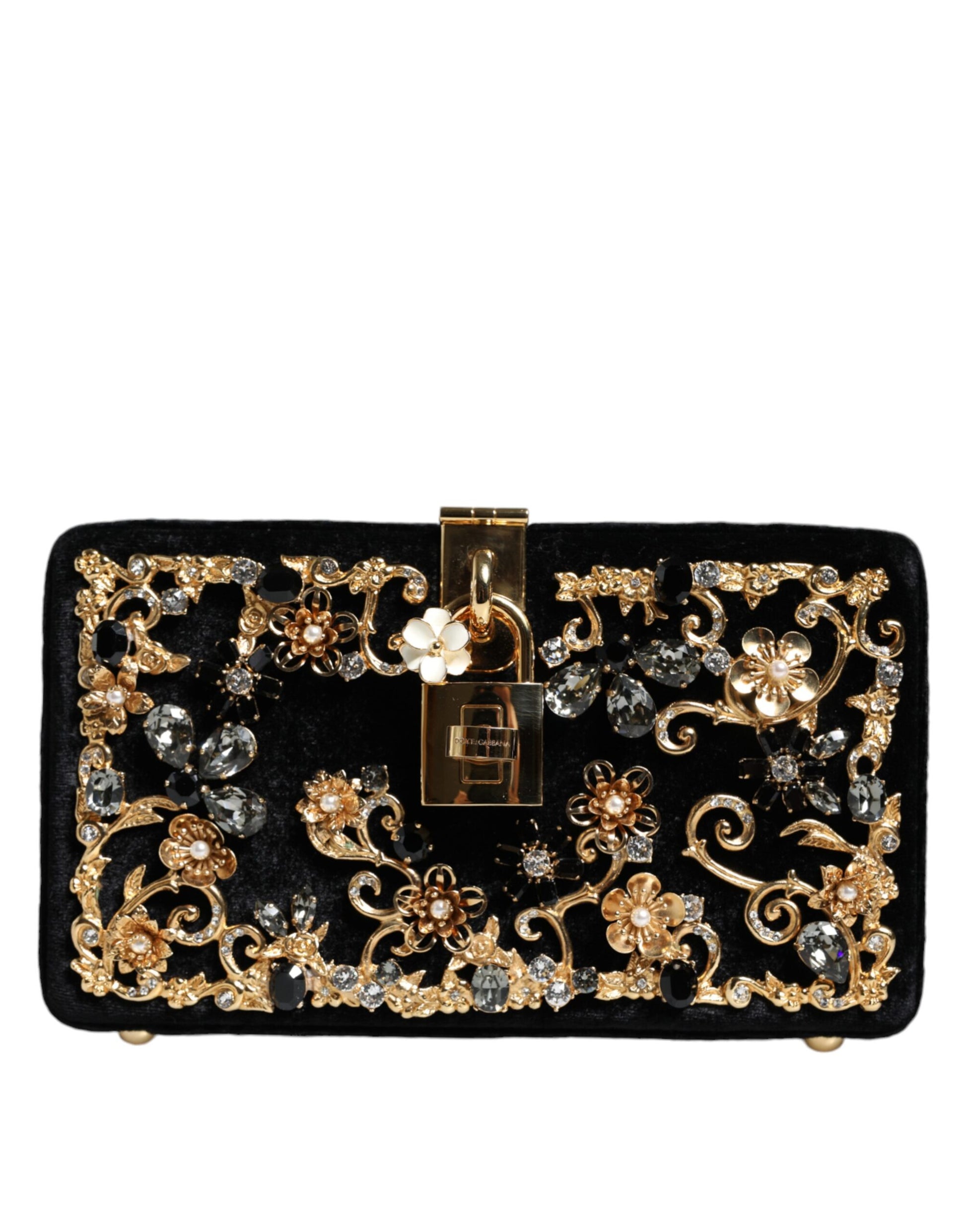 Dolce & Gabbana Black Velvet Floral Crystal Clutch Evening Purse Bag