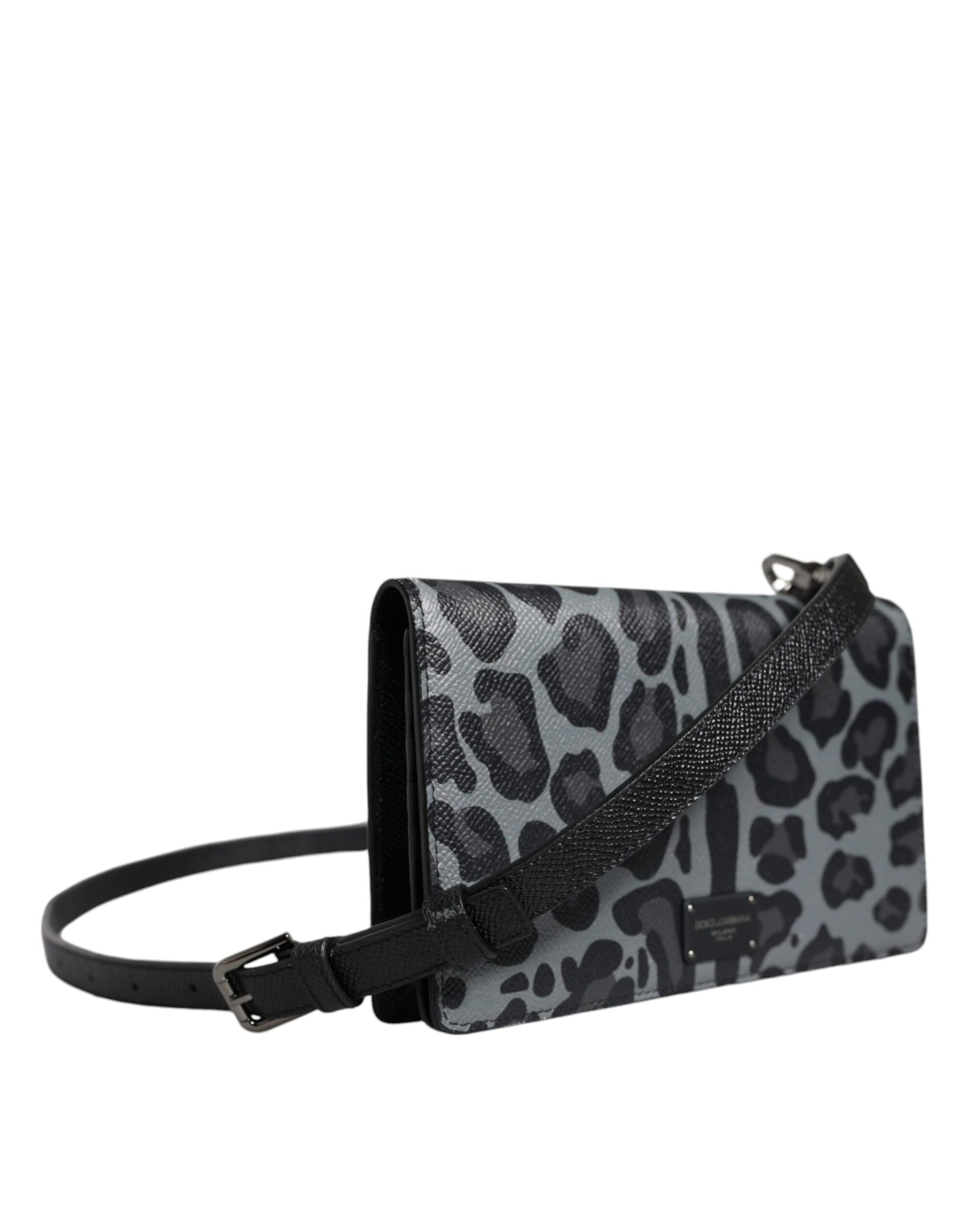 Dolce & Gabbana Black Gray Leopard Leather Bifold Card Slot Crossbody Bag