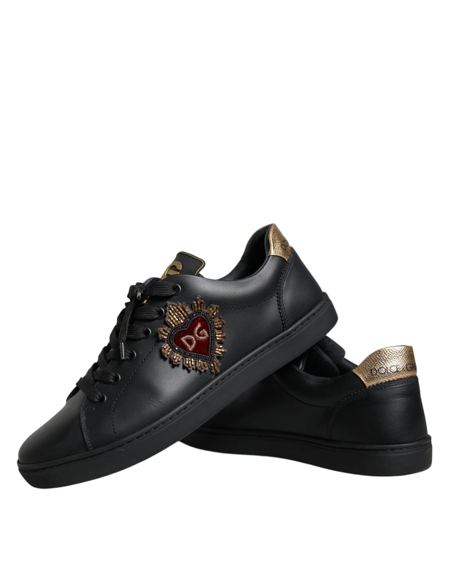 Dolce & Gabbana Black Leather Heart Low Top Casual Sneaker Shoes