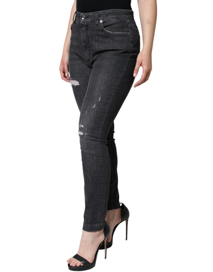 Dolce & Gabbana Black Cotton Stretch Tattered Skinny Jeans