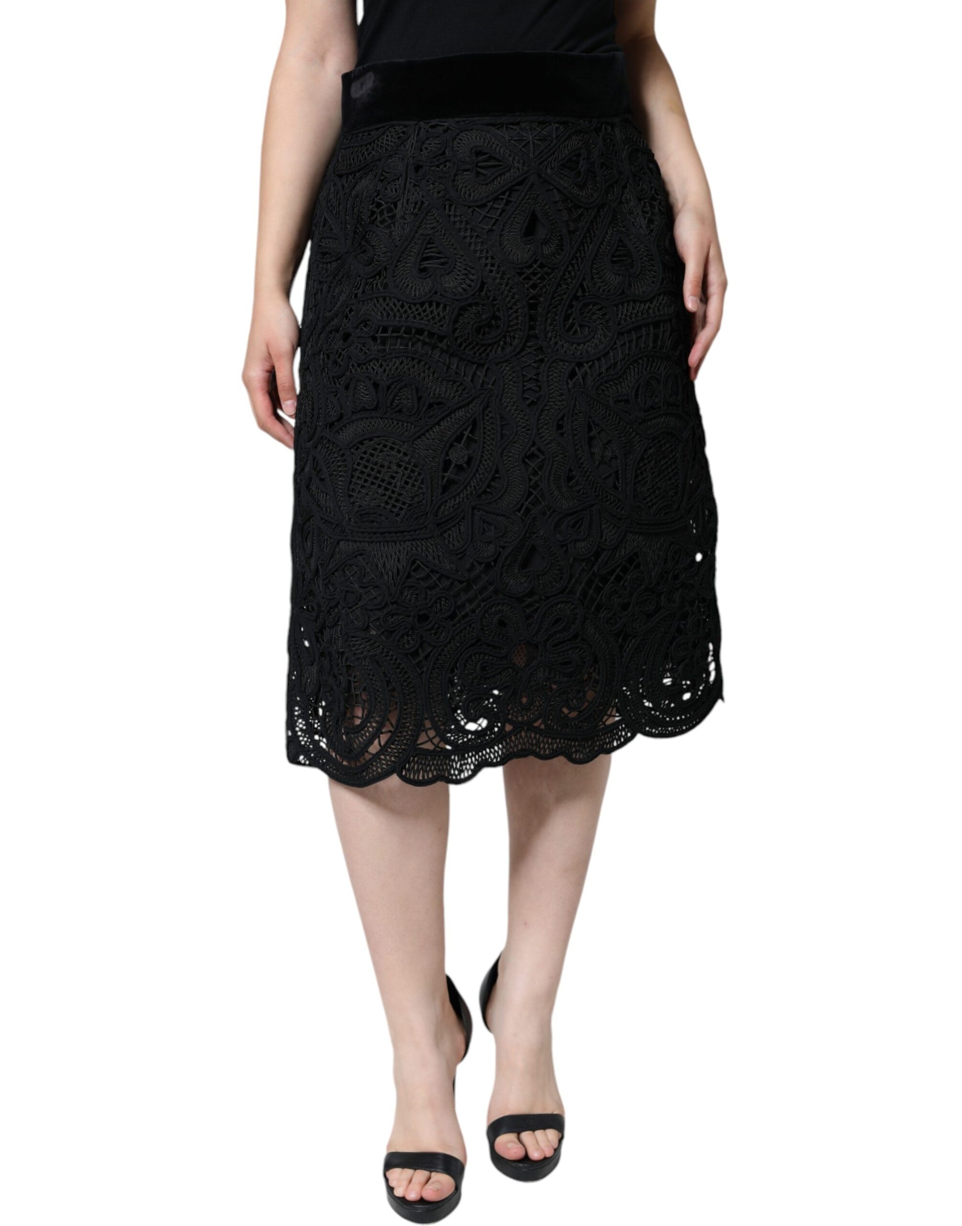 Dolce & Gabbana Black Floral Lace High Waist Pencil Cut Skirt